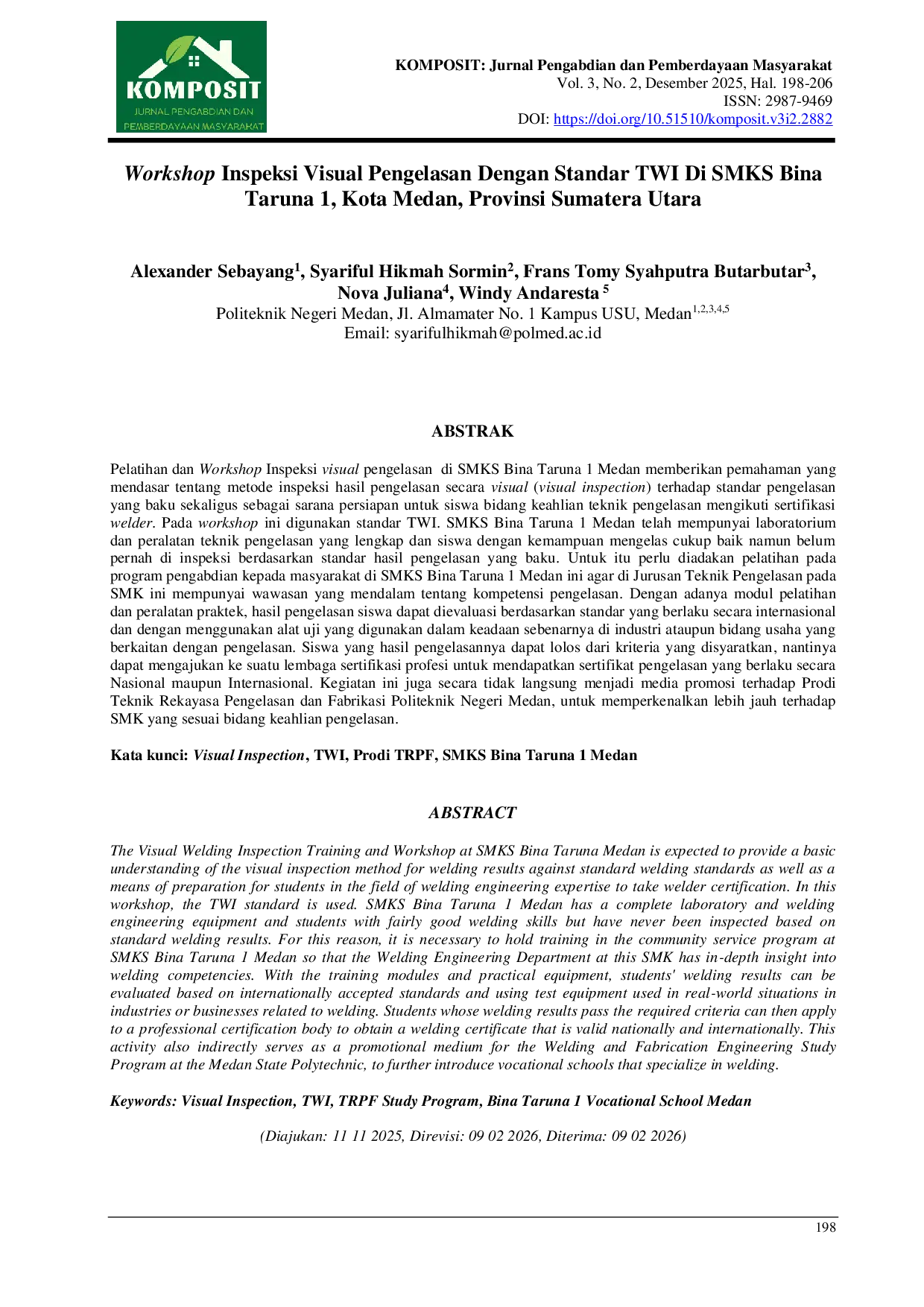 JURIS Workshop Inspeksi Visual Pengelasan Dengan Standar TWI Di SMKS Bina Taruna 1 Kota Medan Provinsi Sumatera Utara