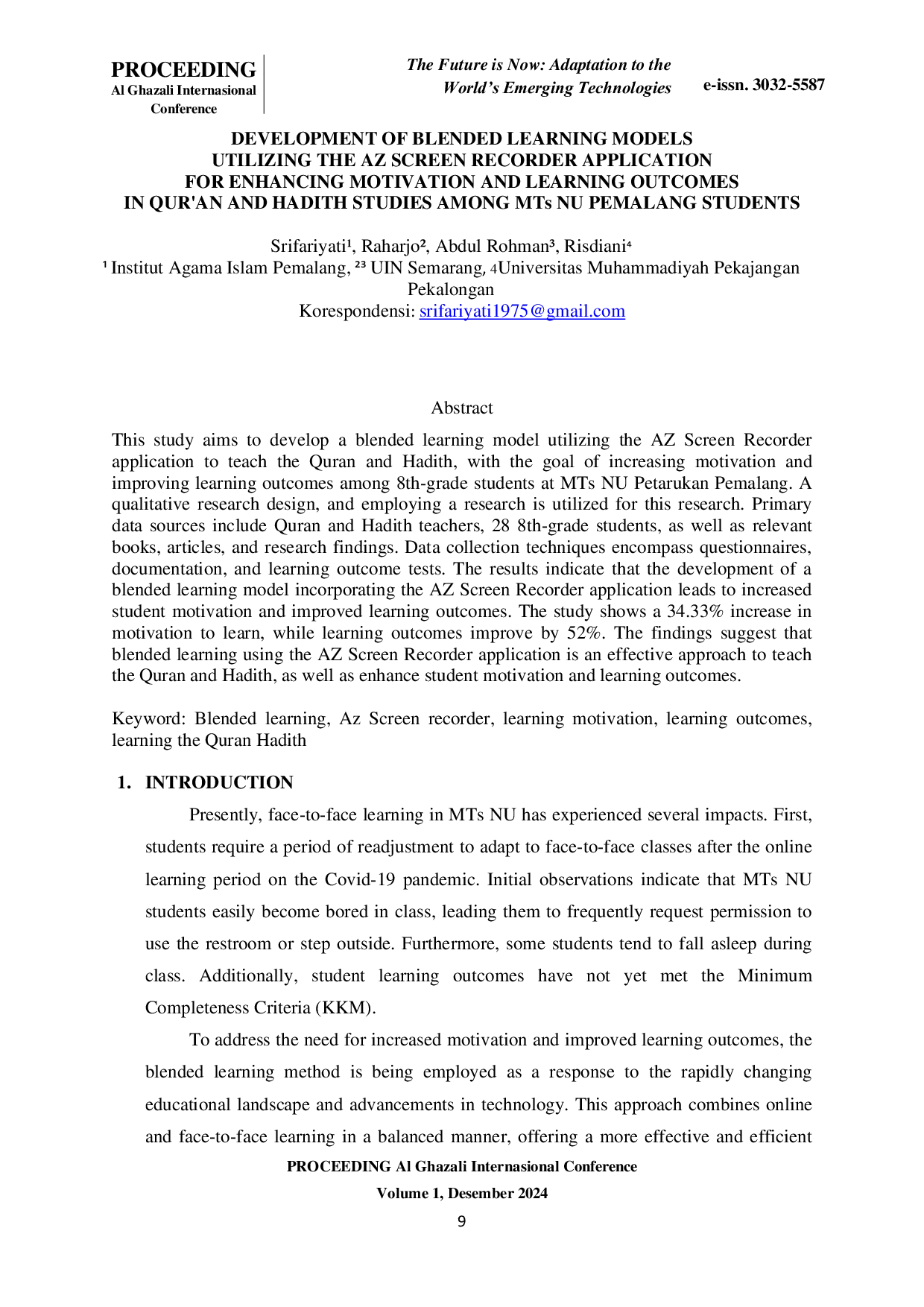 JURIS Development Of Blended Learning Models Utilizing The Az Screen Recorder Application For Enhancing Motivation And Learning Outcomes In Qur an And Hadith Studies Among MTs Nu Pemalang Students