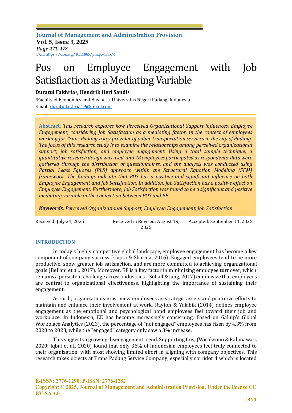 JURIS Pos on Employee Engagement with Job Satisfiaction as a Mediating Variable