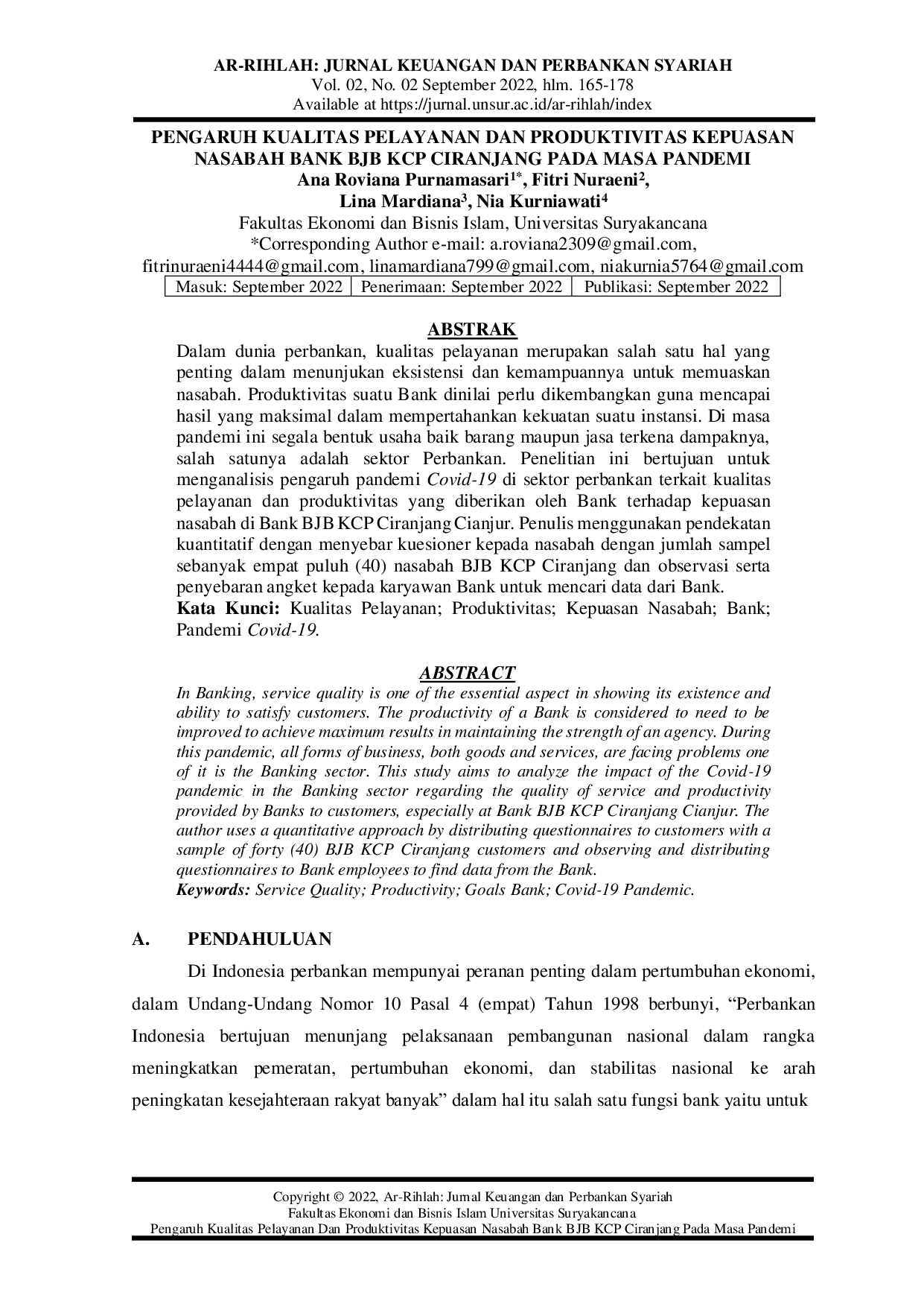 JURIS Pengaruh Kualitas Pelayanan Dan Produktivitas Kepuasan Nasabah Bank BJB KCP Ciranjang Pada Masa Pandemi