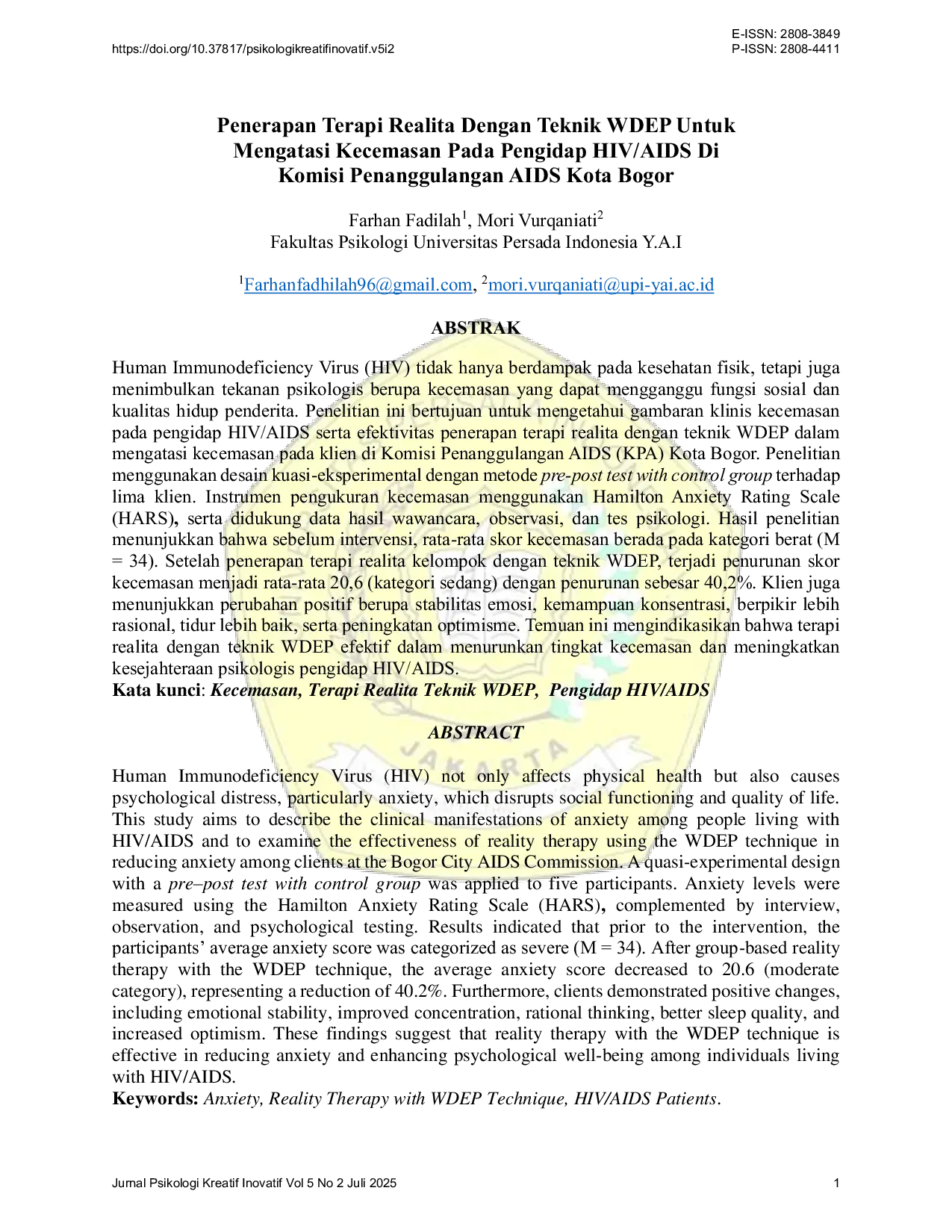 JURIS Penerapan Terapi Realita Dengan Teknik WDEP Untuk Mengatasi Kecemasan Pada Pengidap HIV AIDS Di Komisi Penanggulangan AIDS Kota Bogor
