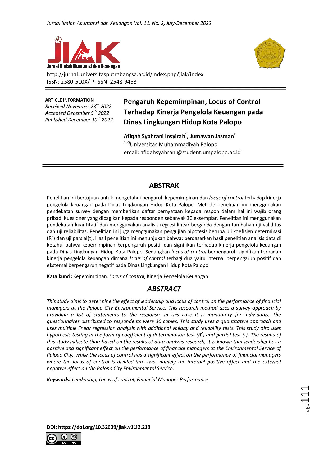 juris Pengaruh Kepemimpinan Locus of Control Terhadap Kinerja Pengelola Keuangan pada Dinas Lingkungan Hidup Kota Palopo