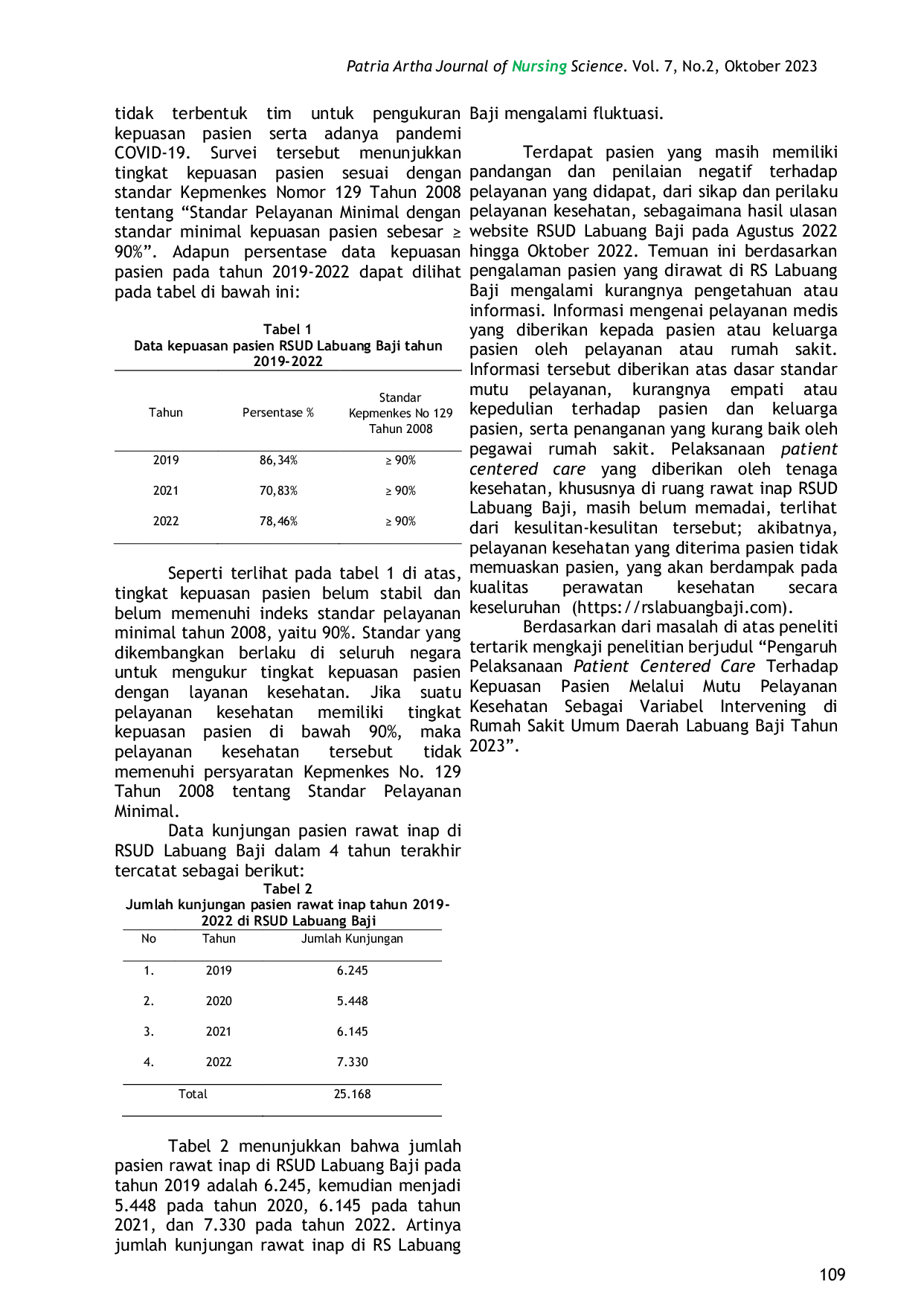 JURIS Pengaruh Penerapan Patient Centered Care Terhadap Kepuasan Pasien Melalui Mutu Pelayanan Kesehatan Sebagai Variabel Intervening Di Rumah Sakit Umum Daerah Labuang Baji Tahun 2023