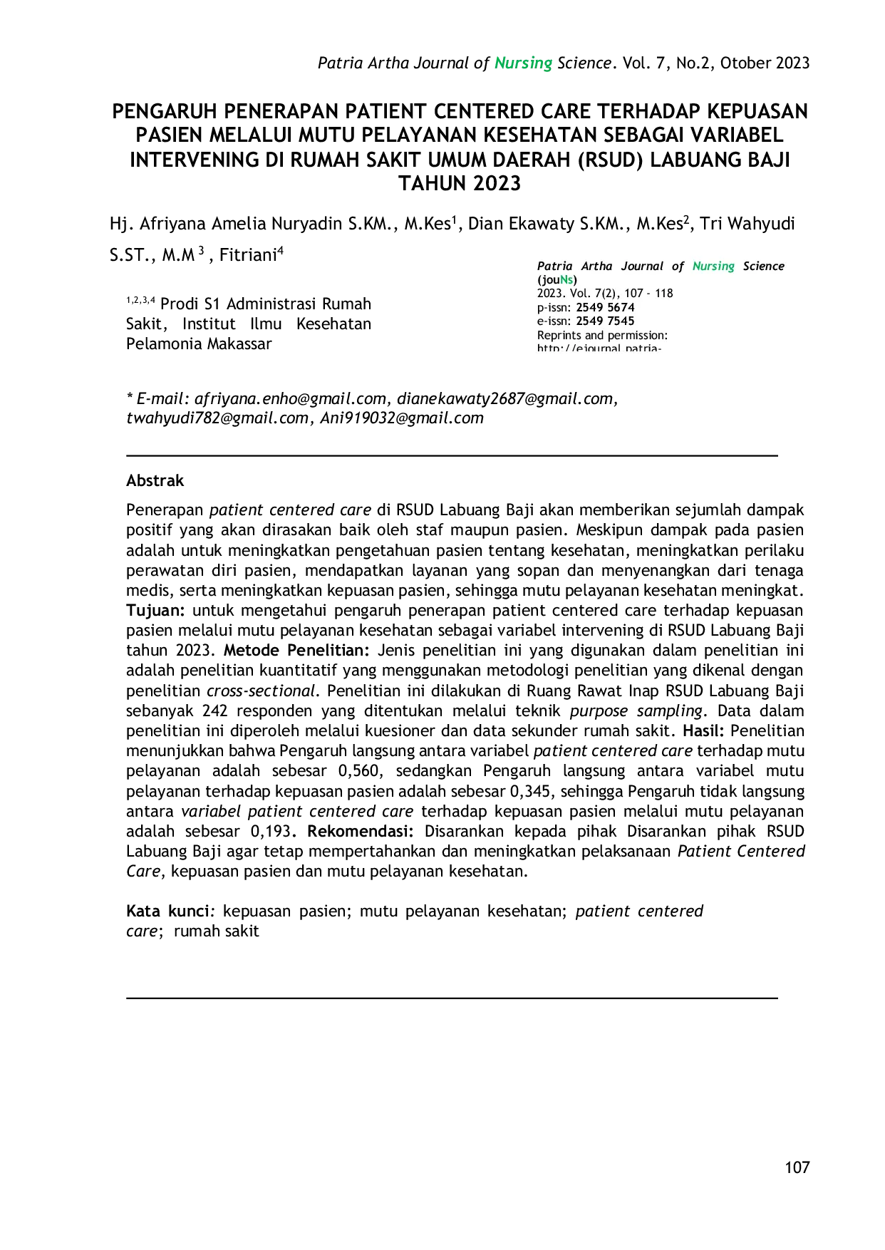JURIS Pengaruh Penerapan Patient Centered Care Terhadap Kepuasan Pasien Melalui Mutu Pelayanan Kesehatan Sebagai Variabel Intervening Di Rumah Sakit Umum Daerah Labuang Baji Tahun 2023