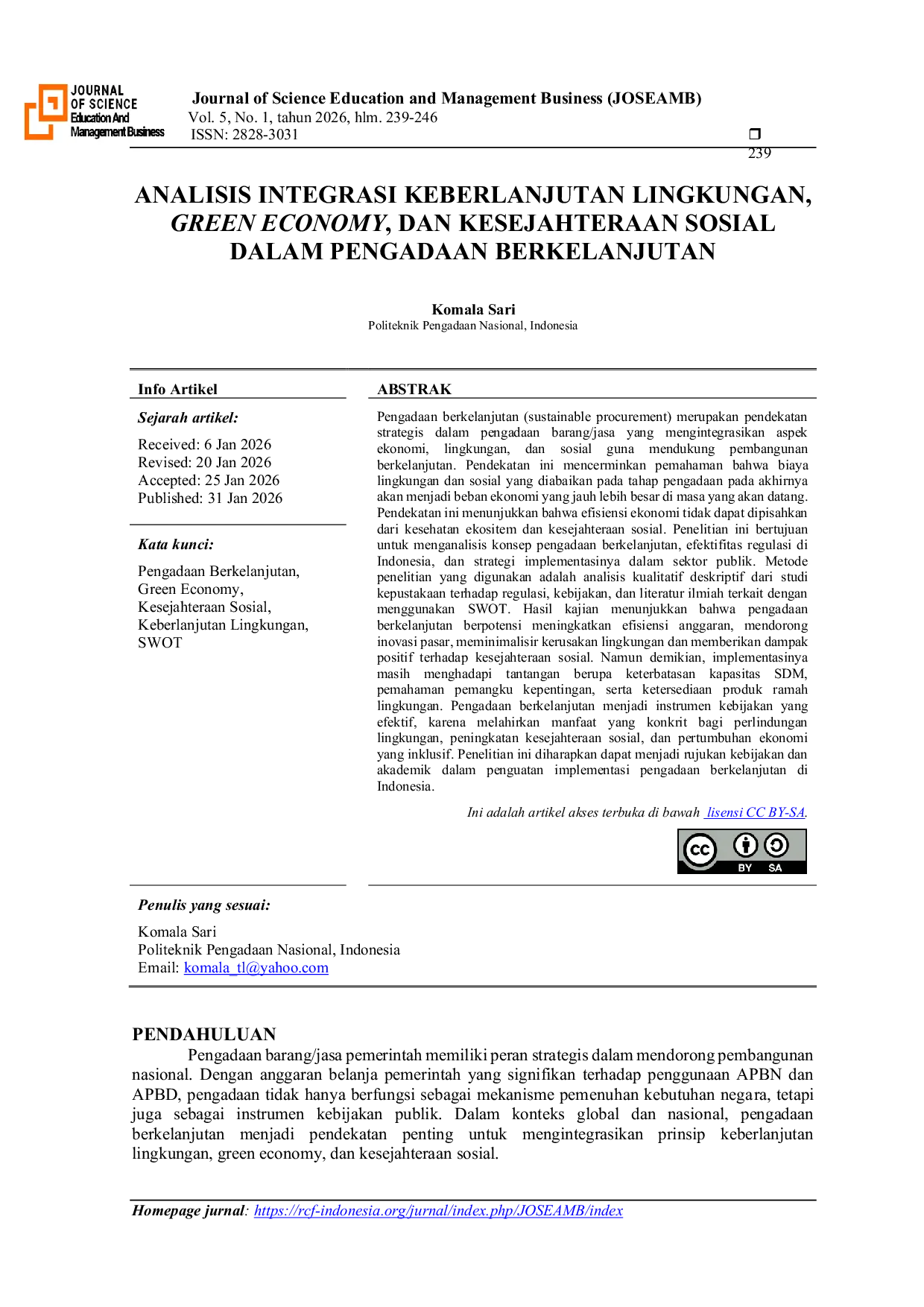 JURIS Analisis Integrasi Keberlanjutan Lingkungan Green Economy Dan Kesejahteraan Sosial Dalam Pengadaan Berkelanjutan