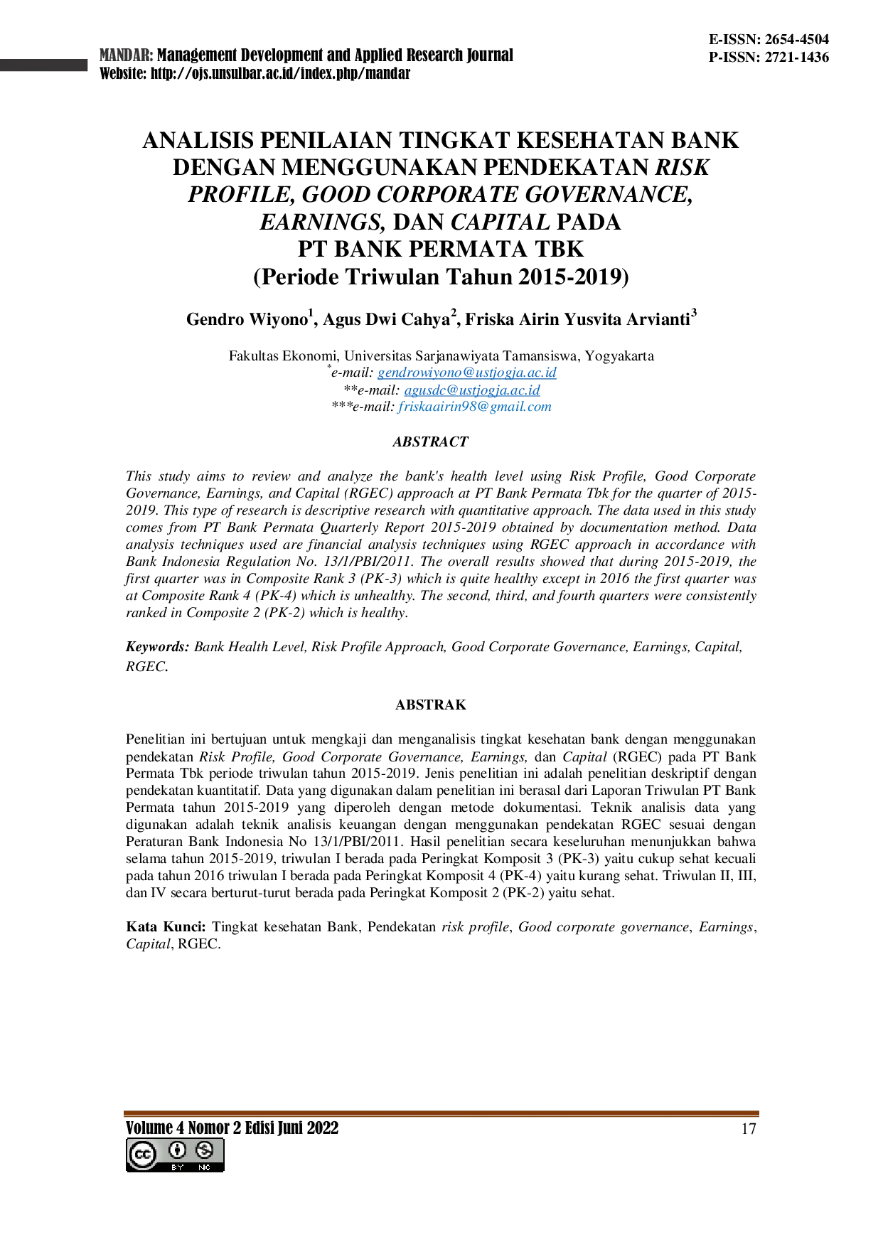 JURIS ANALISIS PENILAIAN TINGKAT KESEHATAN BANK DENGAN MENGGUNAKAN PENDEKATAN RISK PROFILE GOOD CORPORATE GOVERNANCE EARNINGS DAN CAPITAL PADA PT BANK PERMATA TBK Periode Triwulan Tahun 2015 2019
