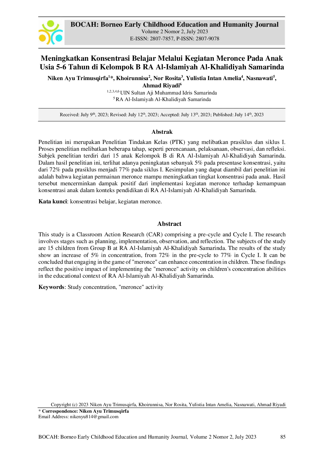 JURIS Meningkatkan Konsentrasi Belajar Melalui Kegiatan Meronce Pada Anak Usia 5 6 Tahun Di Kelompok B RA Al Islamiyah Al Khalidiyah Samarinda