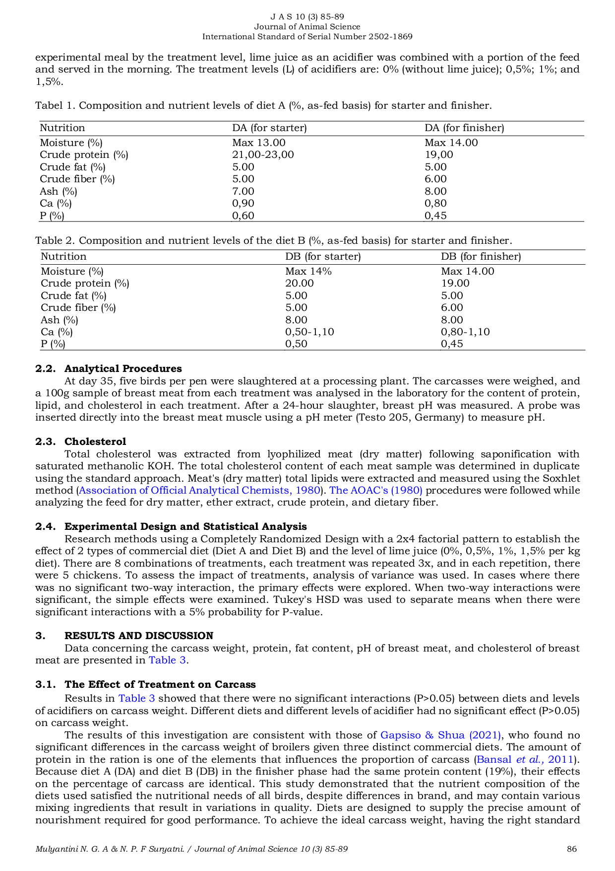 JURIS The Effect of Feed Acidification On Protein Fat And Cholesterol Content of Meat Broiler Fed Two Different Commercial Diets