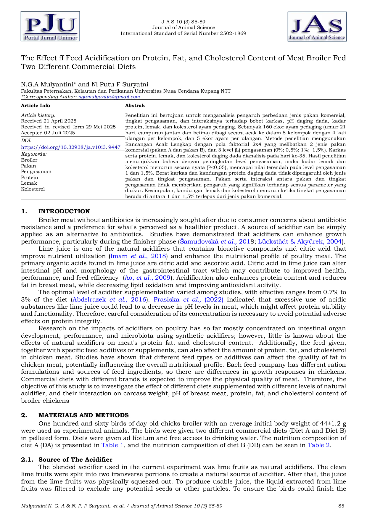 JURIS The Effect of Feed Acidification On Protein Fat And Cholesterol Content of Meat Broiler Fed Two Different Commercial Diets