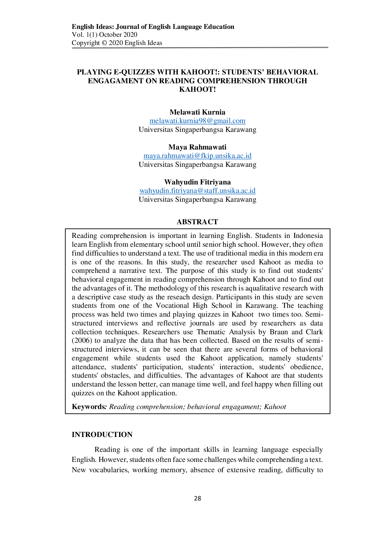 JURIS Playing e quizzes with KAHOOT Students behavioral engagament on reading comprehension through KAHOOT