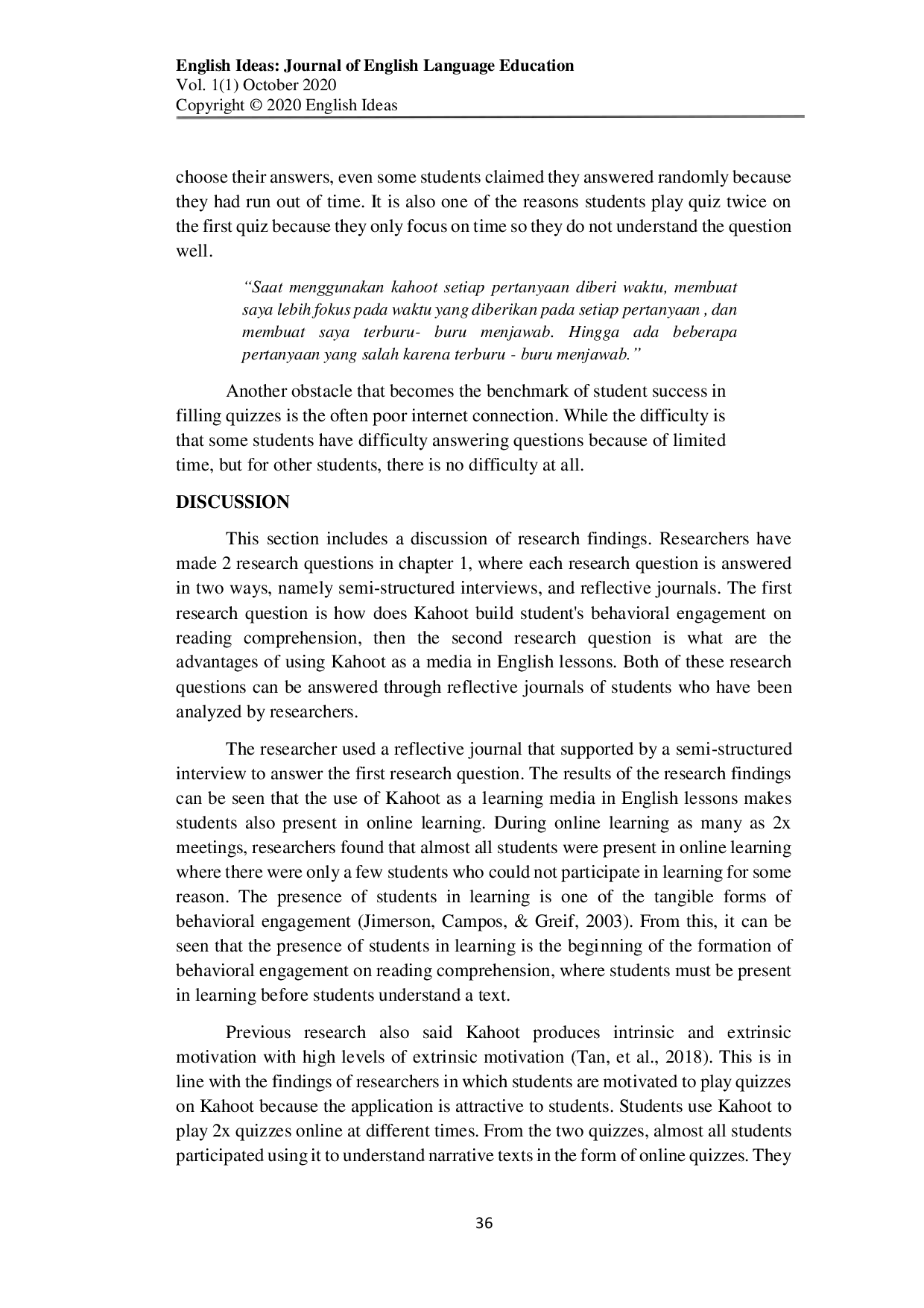 JURIS Playing e quizzes with KAHOOT Students behavioral engagament on reading comprehension through KAHOOT