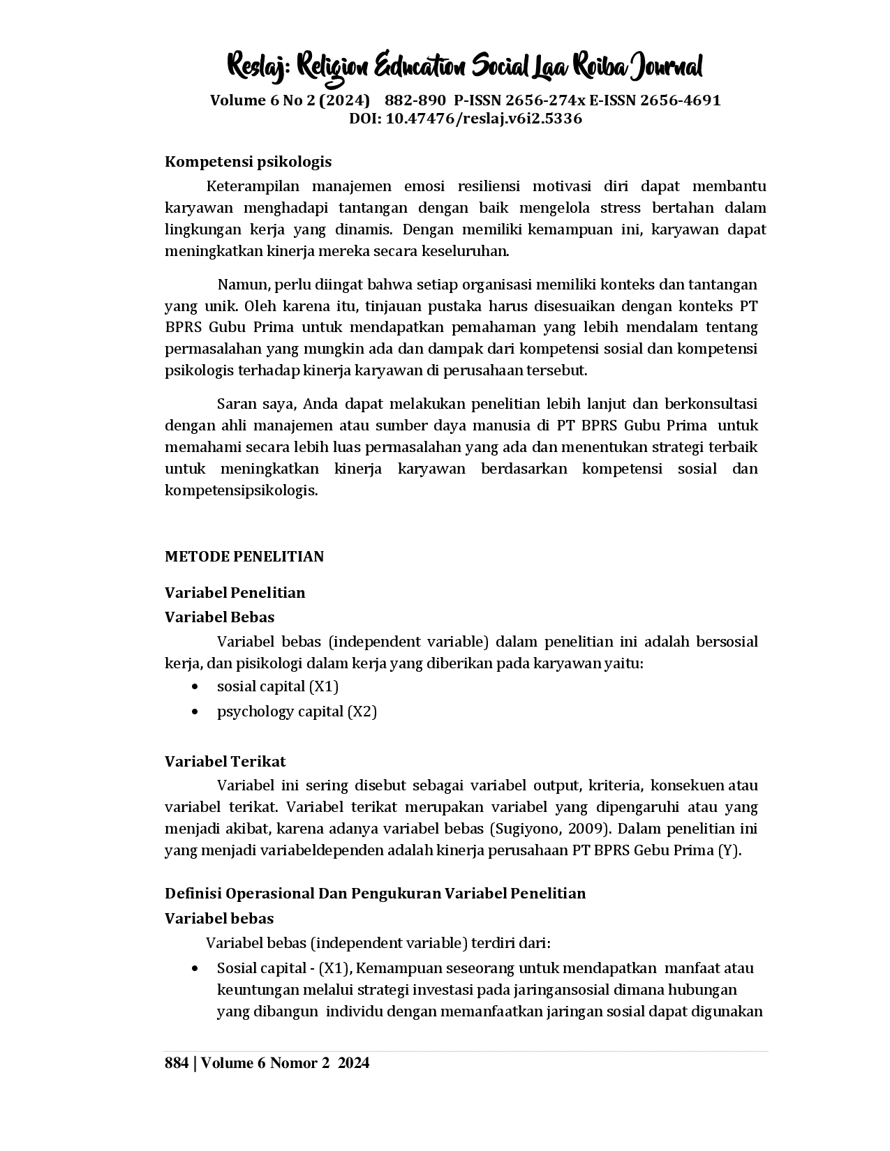 juris Pengaruh Kompetensi Sosial dan Kompetensi Pisikologi terhadap Kinerja Karyawan pada Perusahaan PT BPRS Gubu Prima