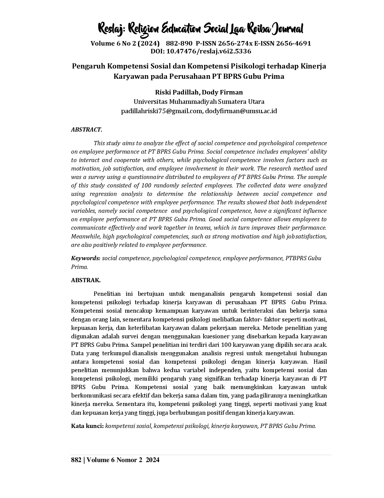 juris Pengaruh Kompetensi Sosial dan Kompetensi Pisikologi terhadap Kinerja Karyawan pada Perusahaan PT BPRS Gubu Prima