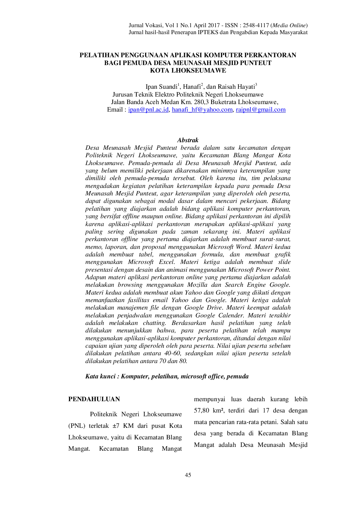JURIS Pelatihan Penggunaan Aplikasi Komputer Perkantoran Bagi Pemuda Desa Meunasah Mesjid Punteut Kota Lhokseumawe