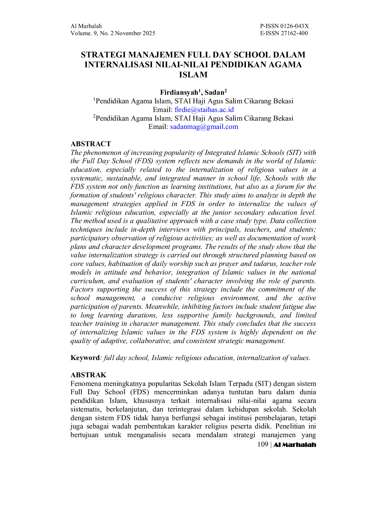 JURIS Strategi Manajemen Full Day School Dalam Internalisasi Nilai Nilai Pendidikan Agama Islam
