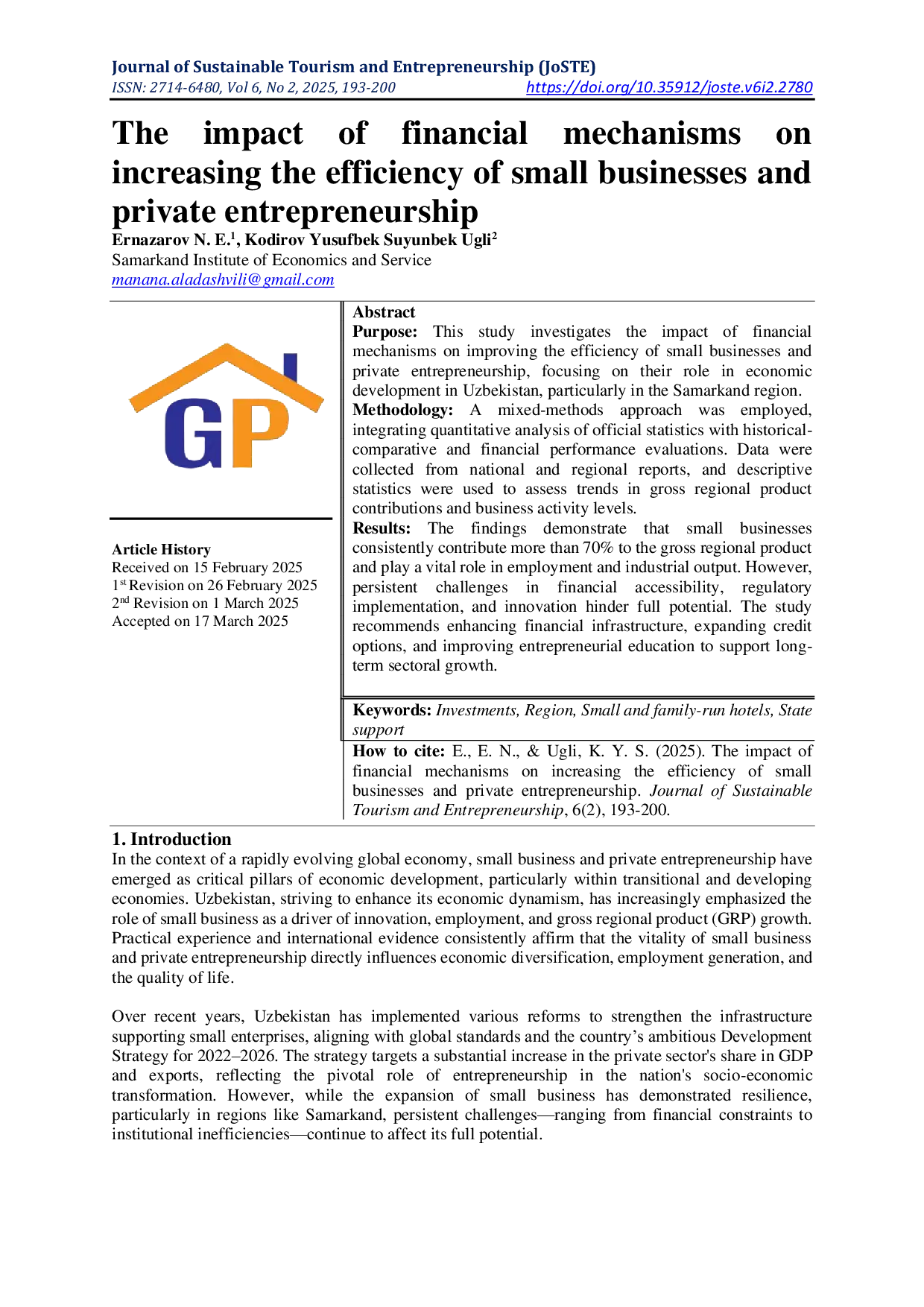 JURIS The impact of financial mechanisms on increasing the efficiency of small businesses and private entrepreneurship