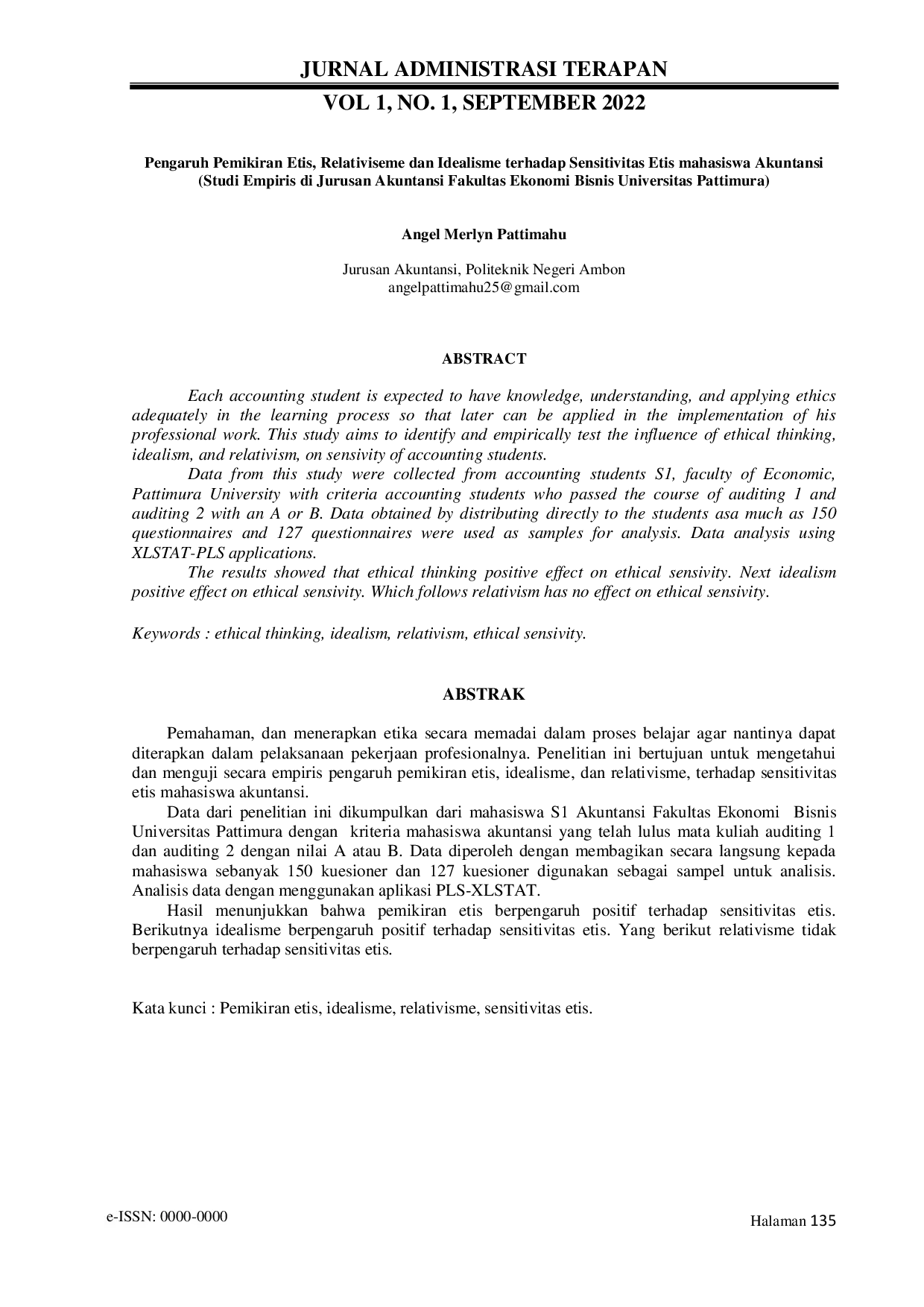JURIS Pengaruh Pemikiran Etis Relativiseme dan Idealisme terhadap Sensitivitas Etis mahasiswa Akuntansi Studi Empiris di Jurusan Akuntansi Fakultas Ekonomi Bisnis Universitas Pattimura