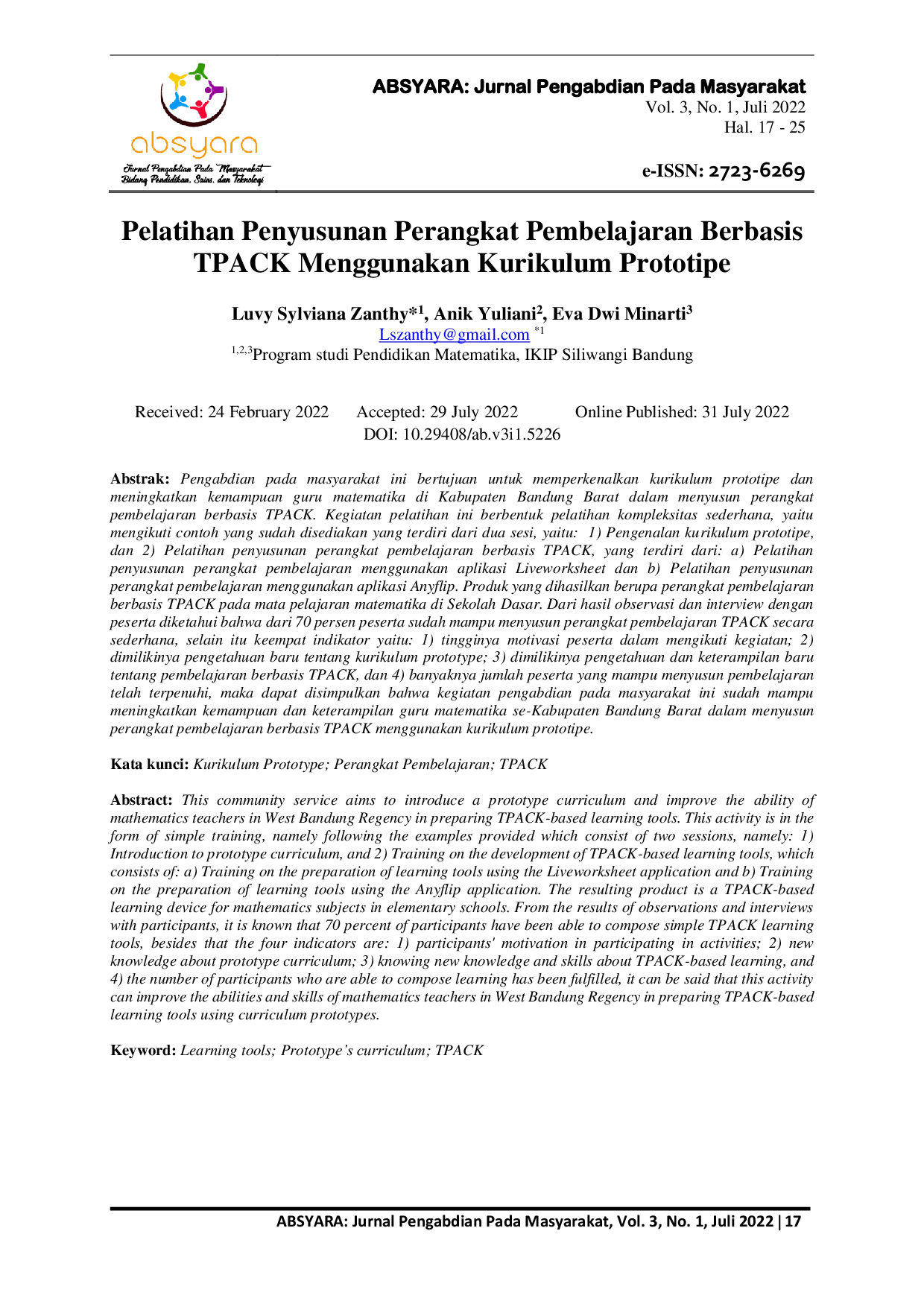 JURIS Pelatihan Penyusunan Perangkat Pembelajaran Berbasis TPACK Menggunakan Kurikulum Prototipe