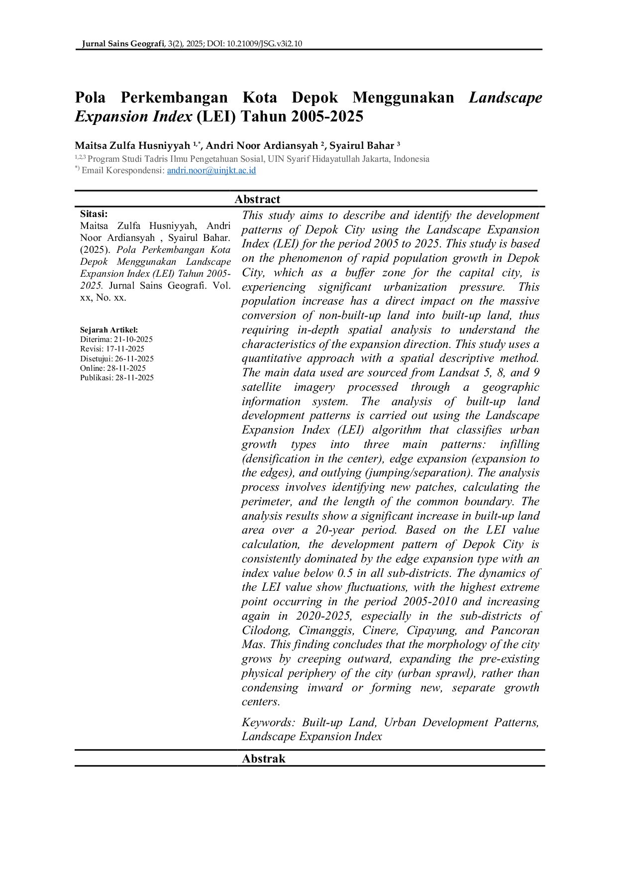 JURIS Pola Perkembangan Kota Depok Menggunakan Landscape Expansion Index LEI Tahun 2005 2025