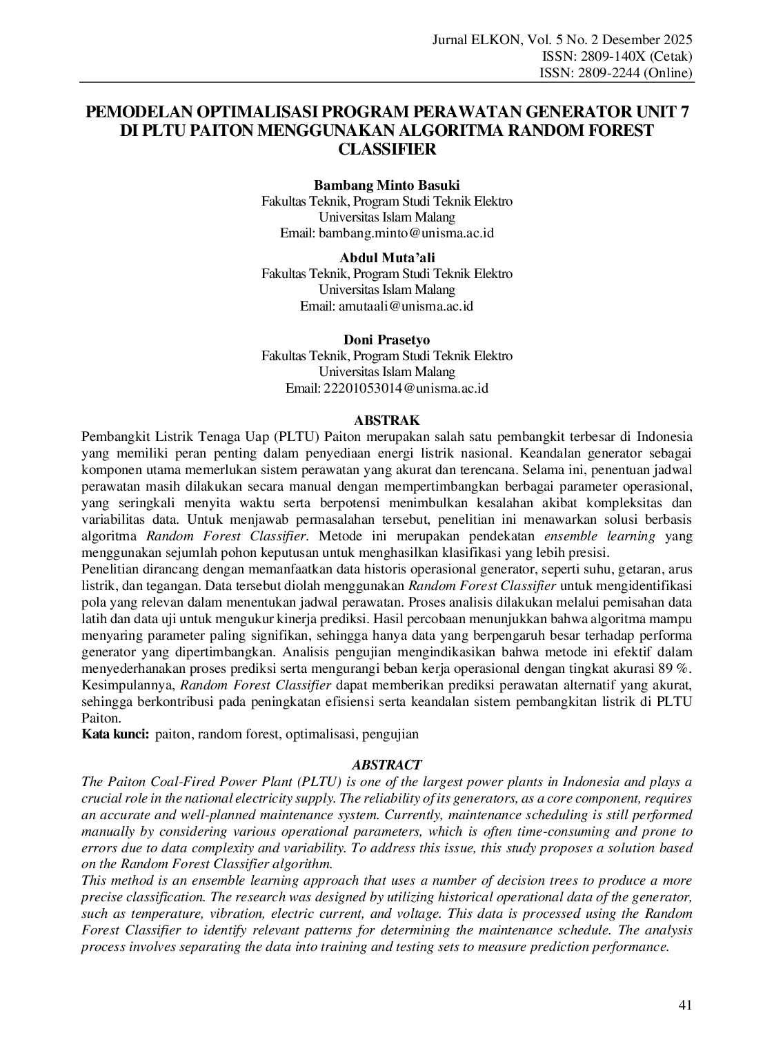 JURIS Pemodelan Optimalisasi Program Perawatan Generator Unit 7 di PLTU Paiton Menggunakan Algoritma Random Forest Classifier