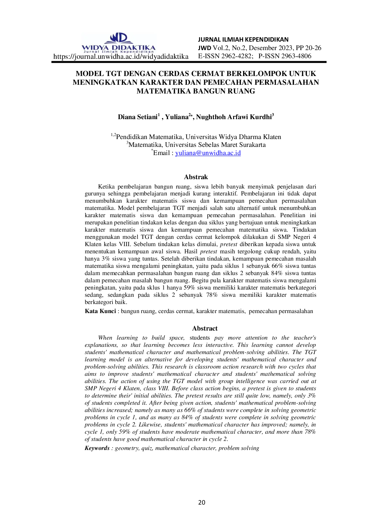 JURIS Model TGT dengan Cerdas Cermat Berkelompok untuk Meningkatkan Karakter dan Pemecahan Permasalahan Matematika Bangun Ruang