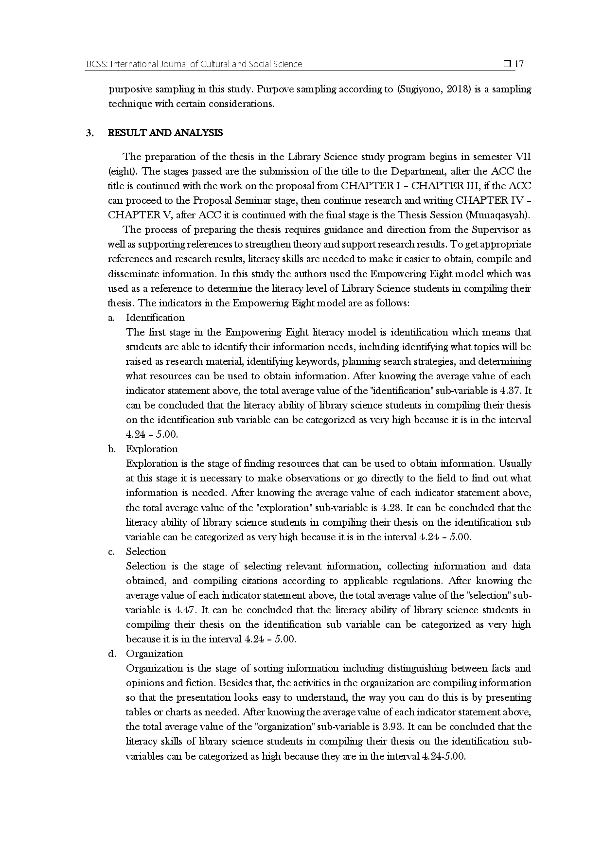 juris Information Literacy Ability of Library Students of UIN Sumatra Utara in Thesis Preparation Using The Empowering Eight Model