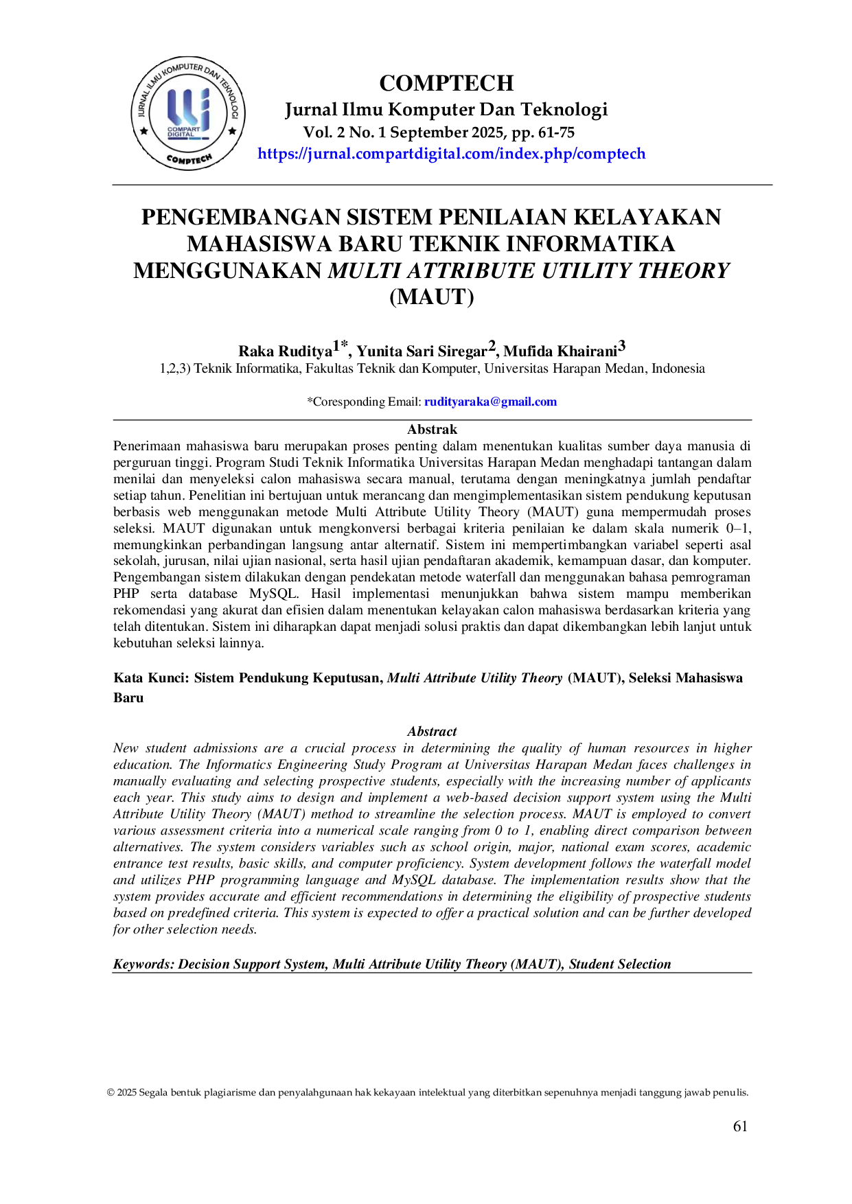 JURIS Pengembangan Sistem Penilaian Kelayakan Mahasiswa Baru Teknik Informatika Menggunakan Multi Attribute Utility Theory MAUT