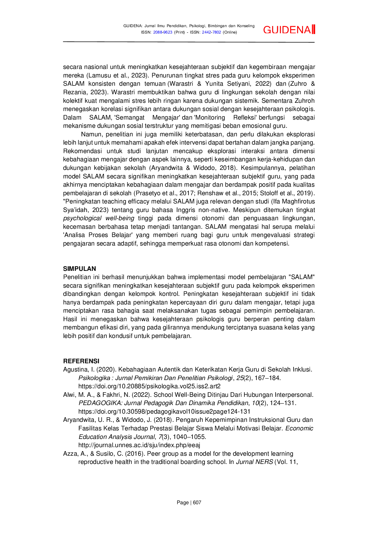 JURIS Subjective Well Being Guru Pengaruh Keterlibatan Siswa dan Refleksi Terstruktur melalui Model SALAM di Kelas Merdeka