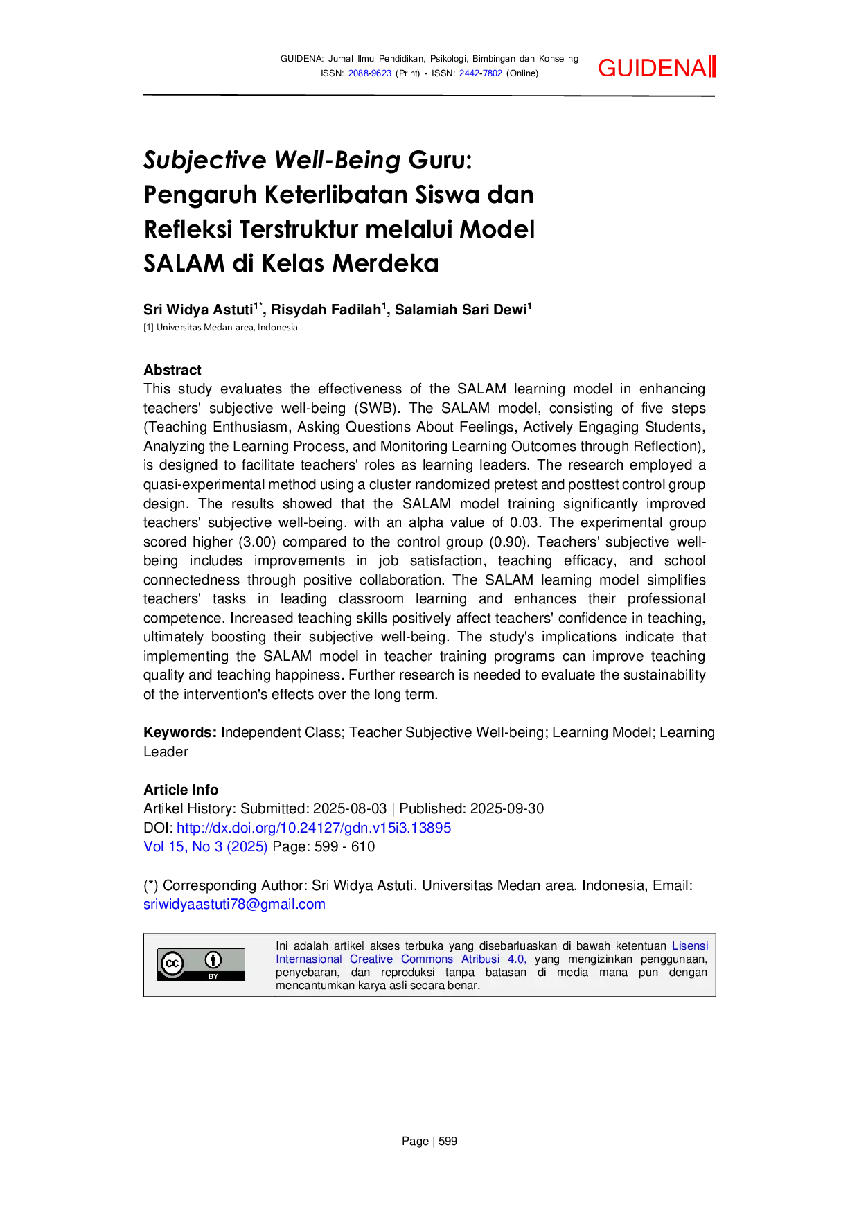 JURIS Subjective Well Being Guru Pengaruh Keterlibatan Siswa dan Refleksi Terstruktur melalui Model SALAM di Kelas Merdeka