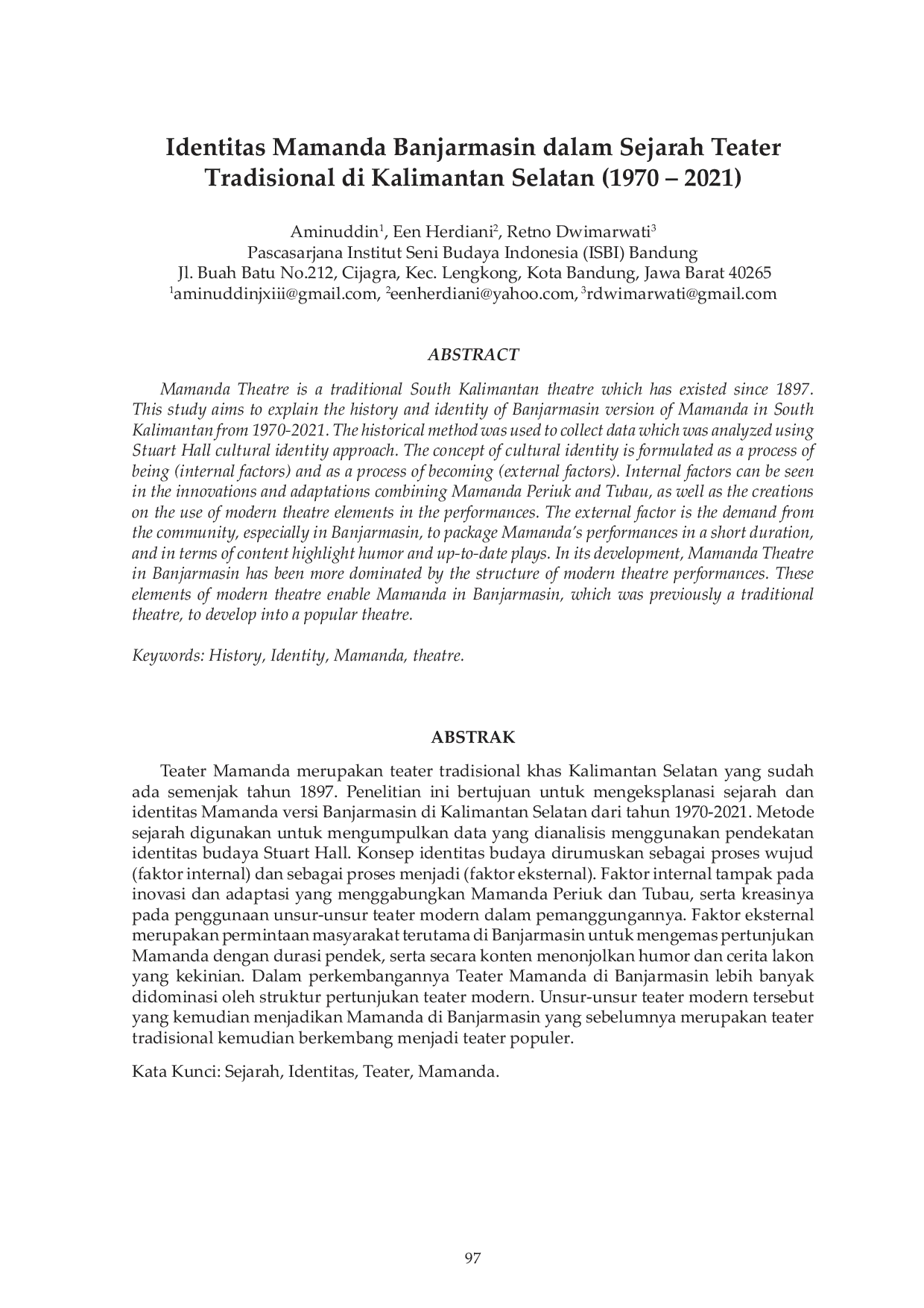 JURIS Identitas Mamanda Banjarmasin Dalam Sejarah Teater Tradisional Di Kalimantan Selatan 1970 2022