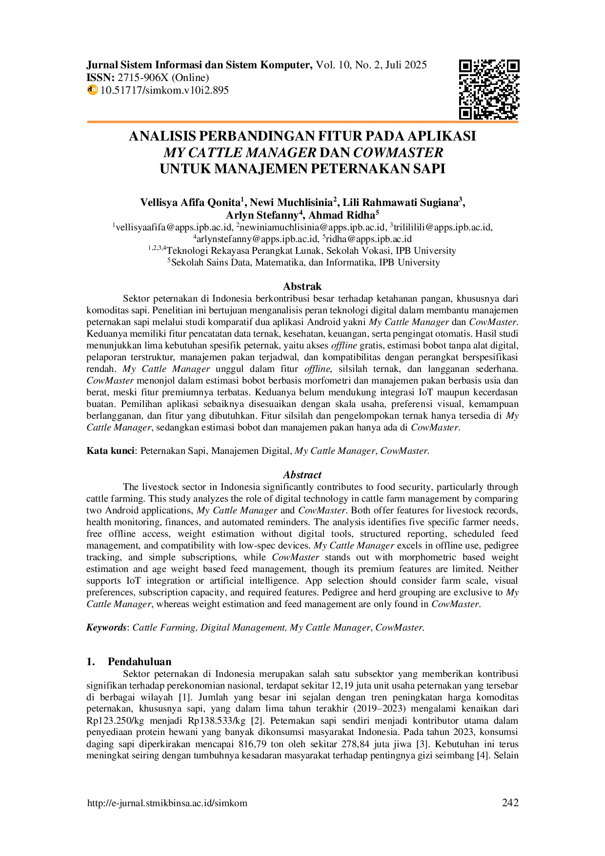 JURIS Analisis Perbandingan Fitur Pada Aplikasi My Cattle Manager dan CowMaster Untuk Managemen Peternakan Sapi