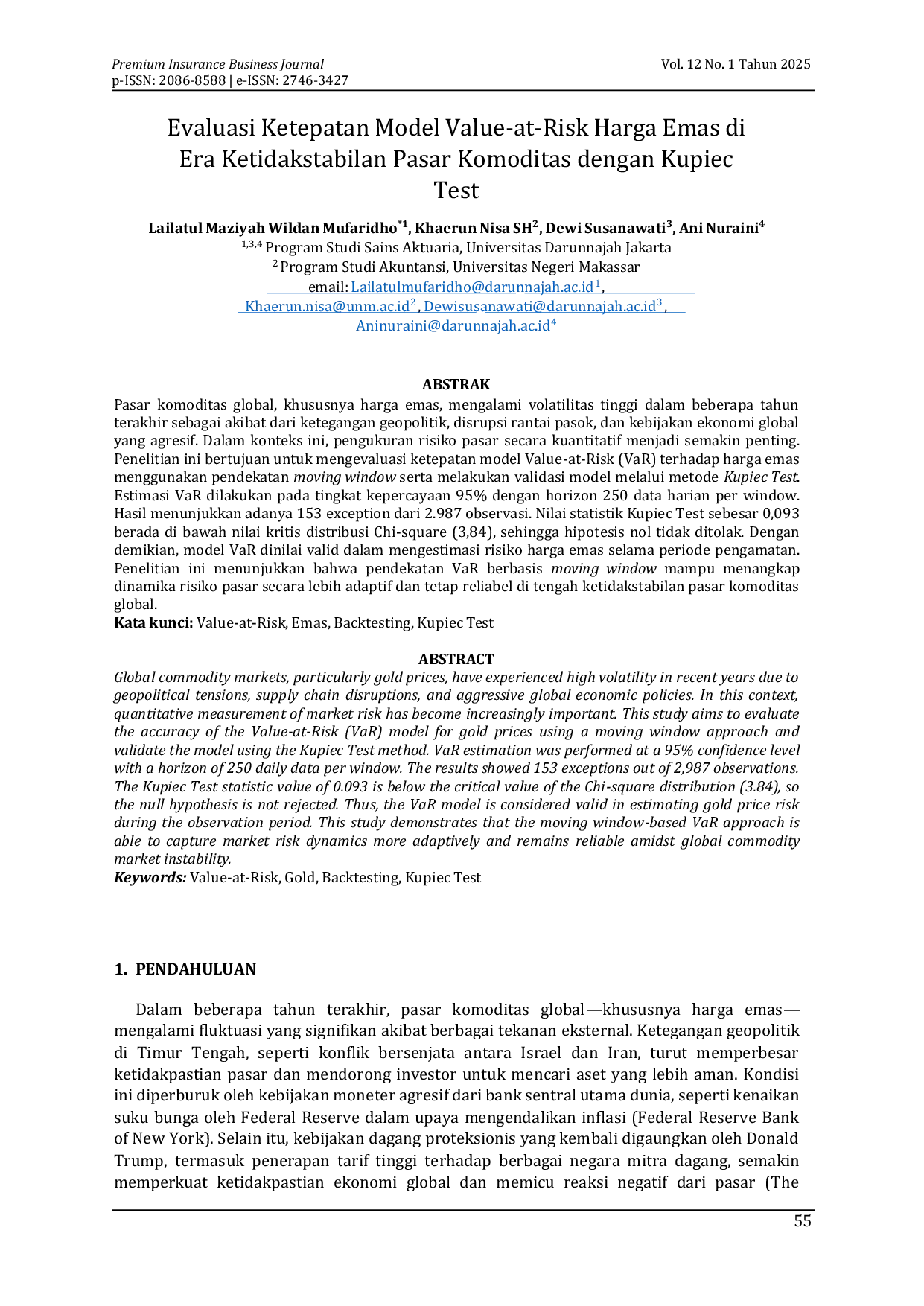 JURIS Evaluasi Ketepatan Model Value at Risk Harga Emas di Era Ketidakstabilan Pasar Komoditas dengan Kupiec Test