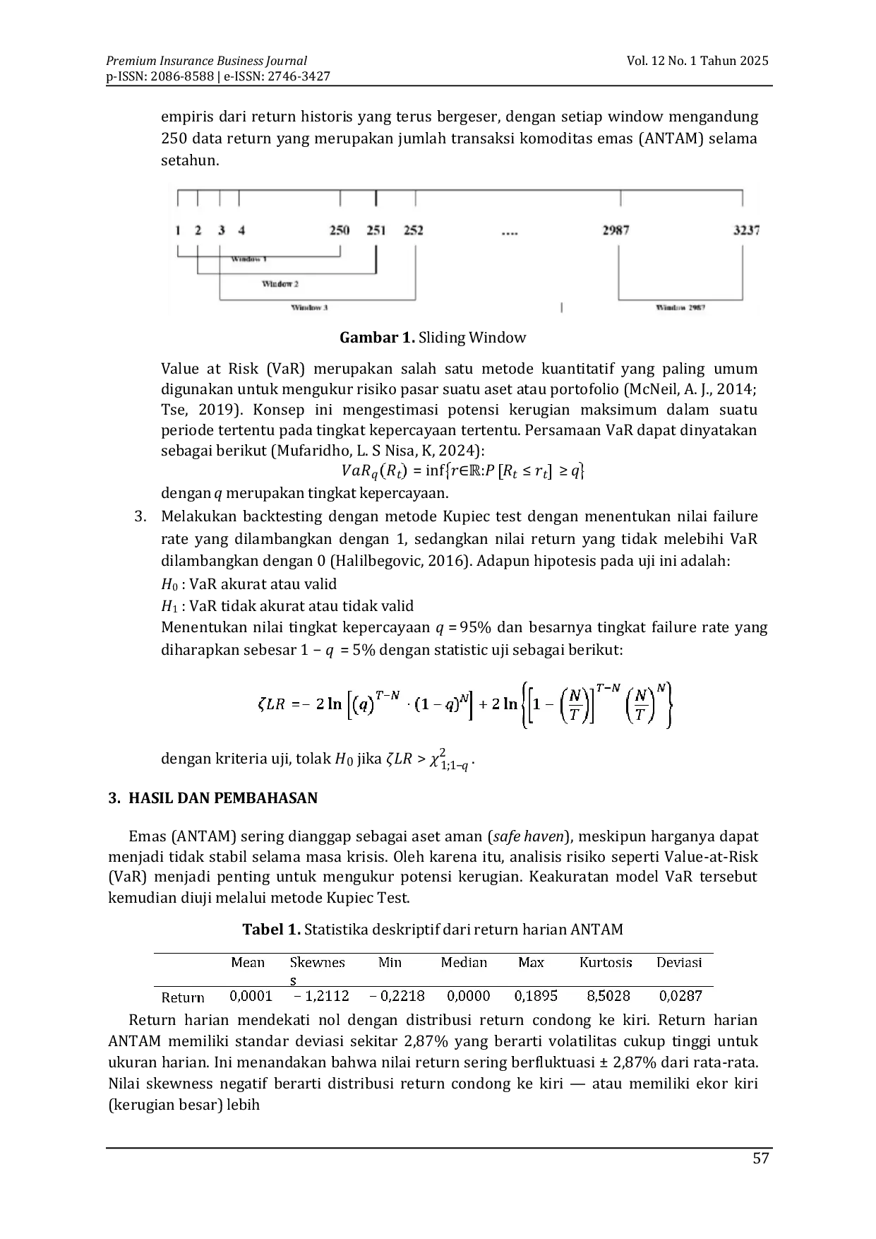 JURIS Evaluasi Ketepatan Model Value at Risk Harga Emas di Era Ketidakstabilan Pasar Komoditas dengan Kupiec Test