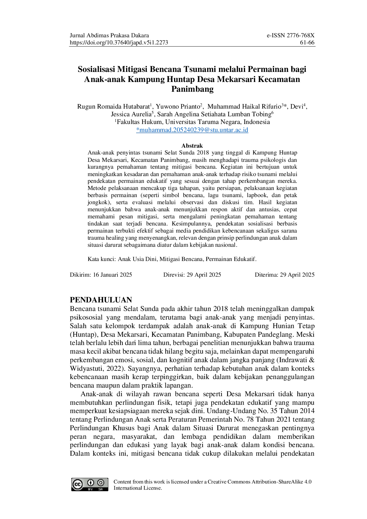 JURIS Sosialisasi Mitigasi Bencana Tsunami melalui Permainan bagi Anak anak Kampung Huntap Desa Mekarsari Kecamatan Panimbang