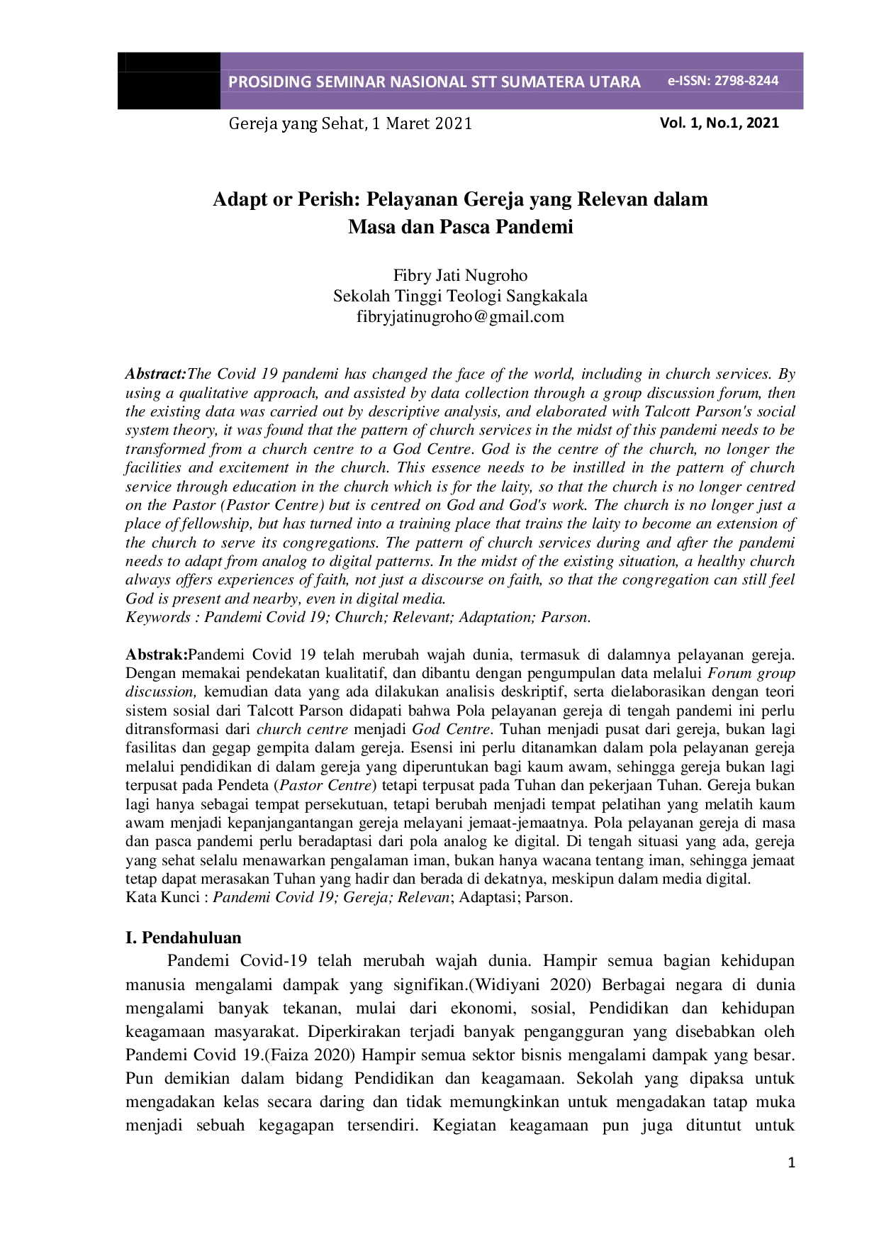 juris Adapt or Perish Pelayanan Gereja yang Relevan dalam Masa dan Pasca Pandemi