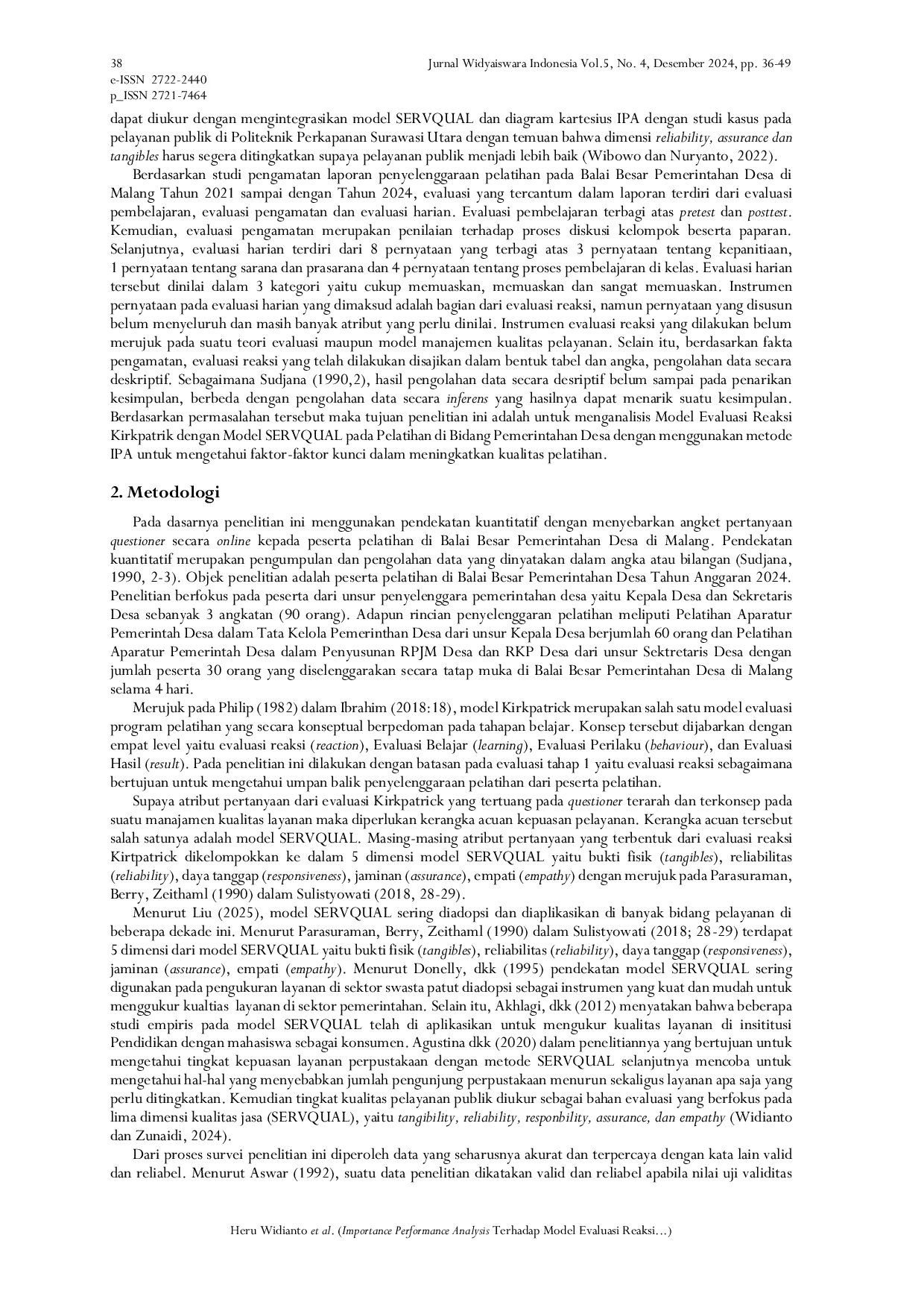 JURIS Importance Performance Analysis Terhadap Model Evaluasi Reaksi Kirkpatrick dengan Model SERVQUAL pada Pelatihan di Bidang Pemerintahan Desa