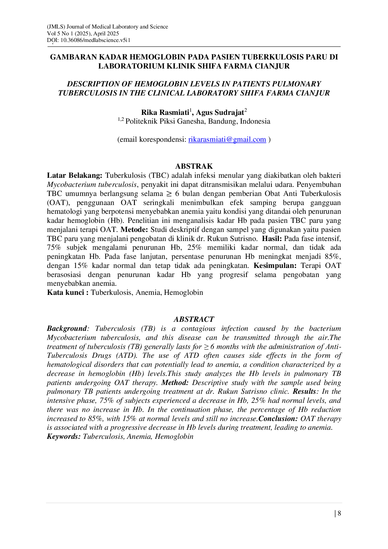 JURIS Gambaran Kadar Hemoglobin Pada Pasien Tuberkulosis Paru Di Laboratorium Klinik Shifa Farma Cianjur