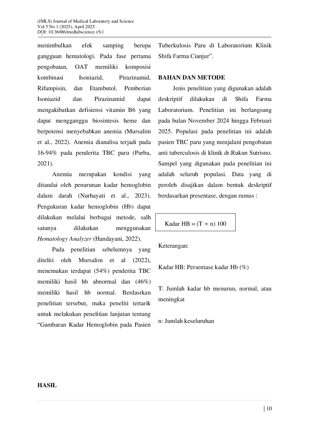 JURIS Gambaran Kadar Hemoglobin Pada Pasien Tuberkulosis Paru Di Laboratorium Klinik Shifa Farma Cianjur
