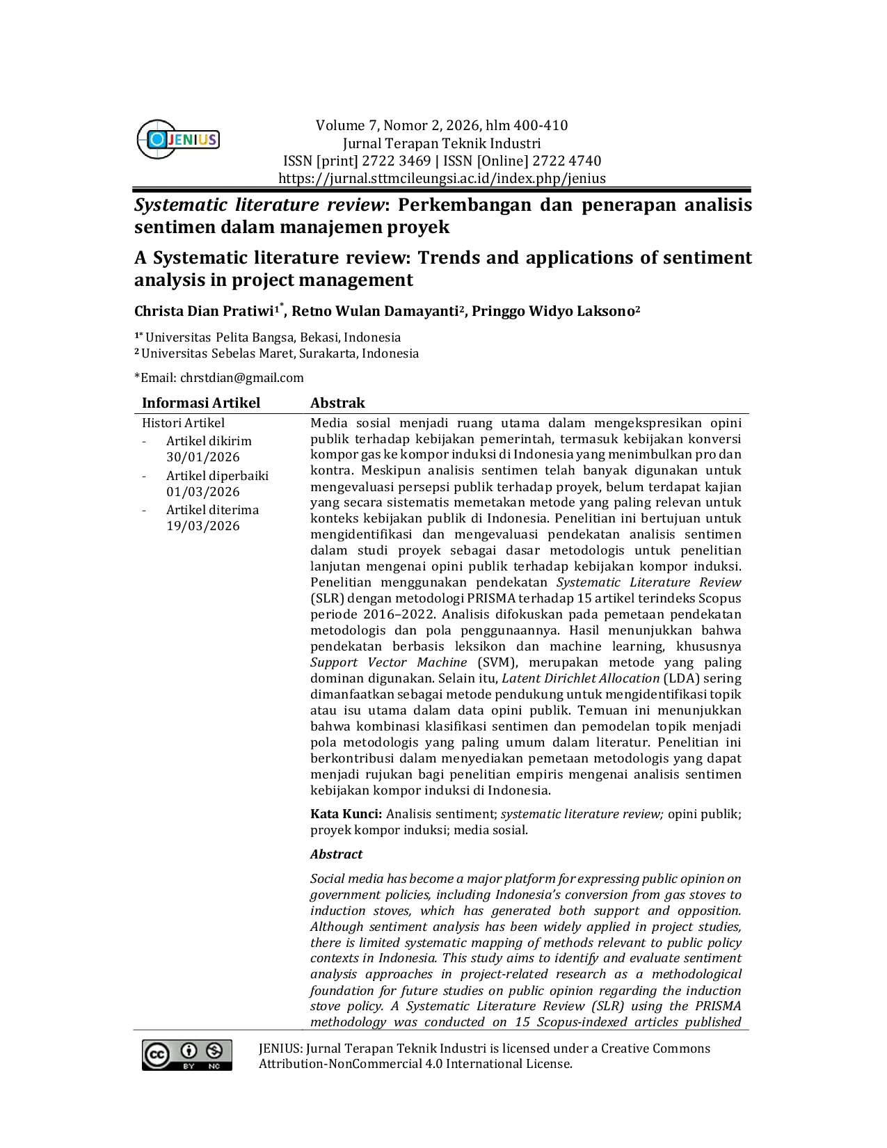 JURIS Systematic Literature Review Perkembangan dan Penerapan Analisis Sentimen dalam Manajemen Proyek