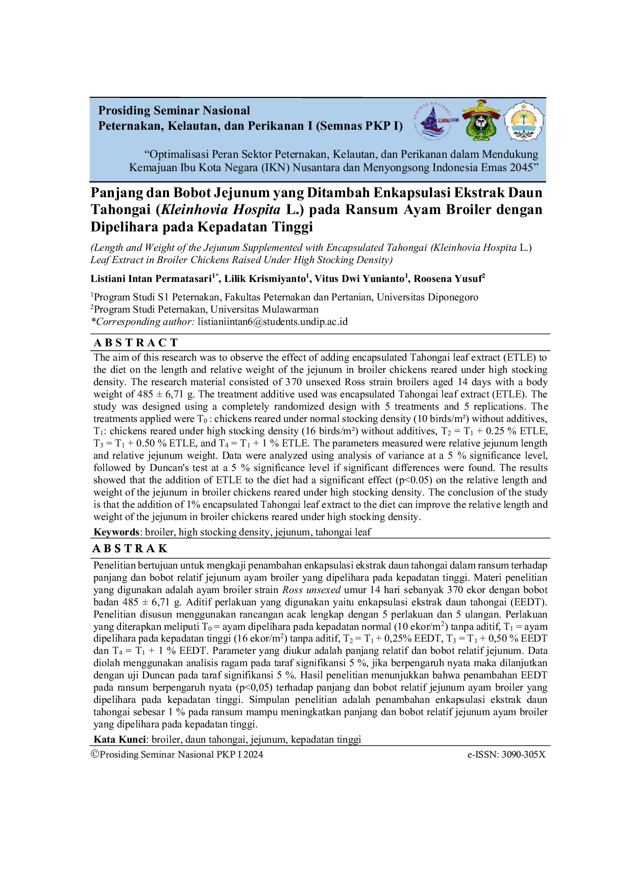 JURIS Panjang dan Bobot Jejunum yang Ditambah Enkapsulasi Ekstrak Daun Tahongai Kleinhovia Hospita L pada Ransum Ayam Broiler dengan Dipelihara pada Kepadatan Tinggi
