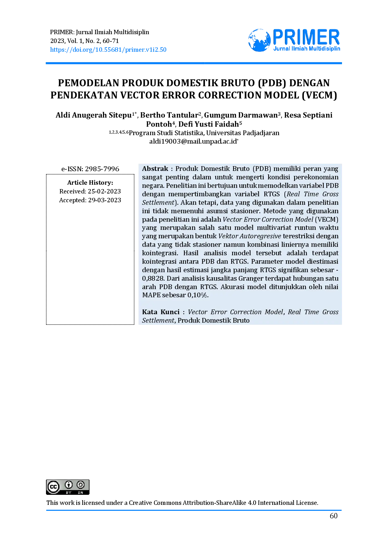 juris Pemodelan Produk Domestik Bruto PDB Dengan Pendekatan Vector Error Correction Model VECM