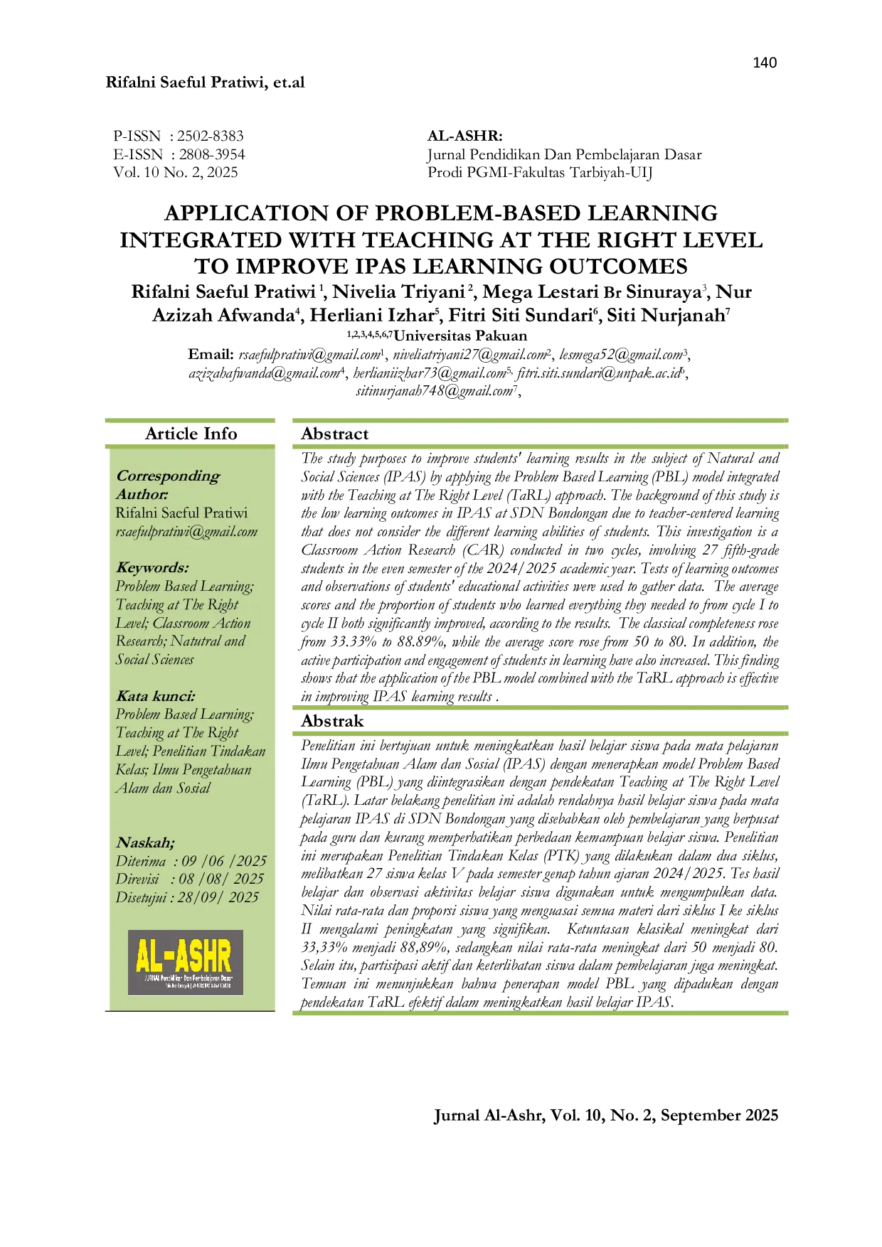 JURIS Application of Problem Based Learning Integrated with Teaching at the Right Level to Improve Ipas Learning Outcomes