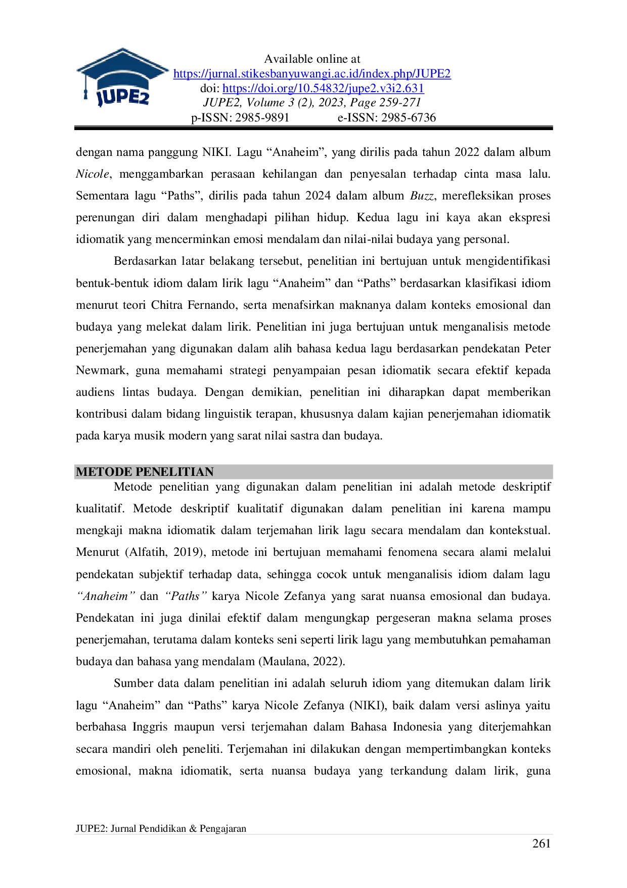 JURIS Analisis Idiomatik dalam Terjemahan Lagu Anaheim dan Paths Karya Nicole Zefanya