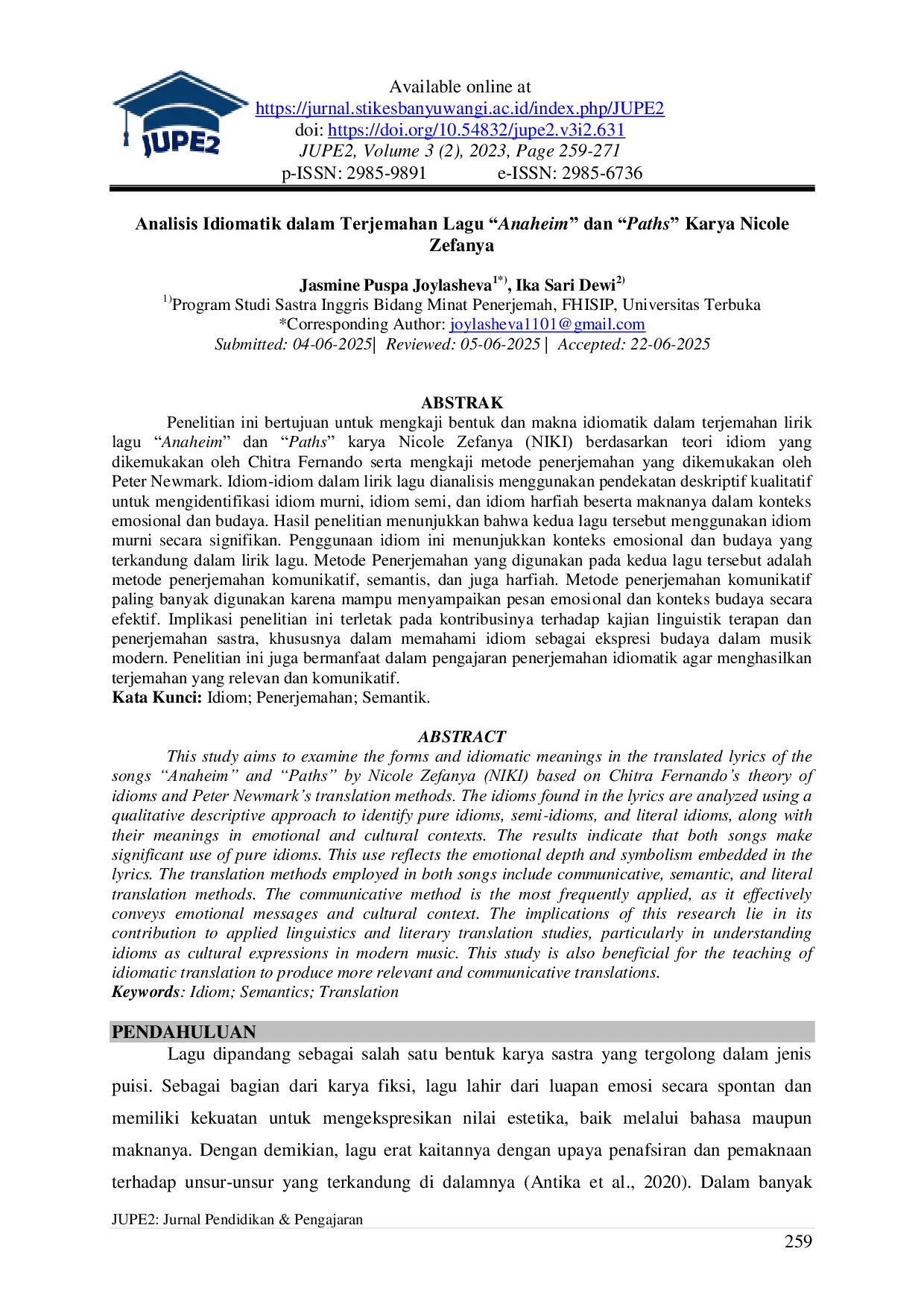 JURIS Analisis Idiomatik dalam Terjemahan Lagu Anaheim dan Paths Karya Nicole Zefanya