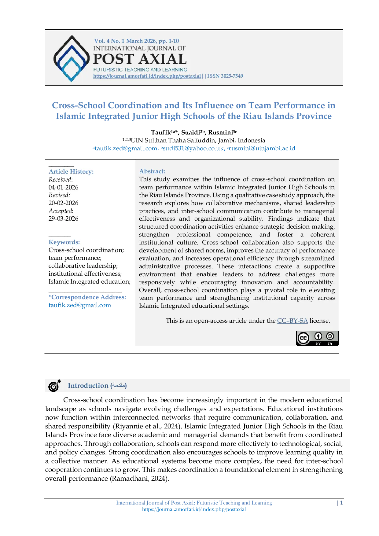 JURIS Cross School Coordination and Its Influence on Team Performance in Islamic Integrated Junior High Schools of the Riau Islands Province