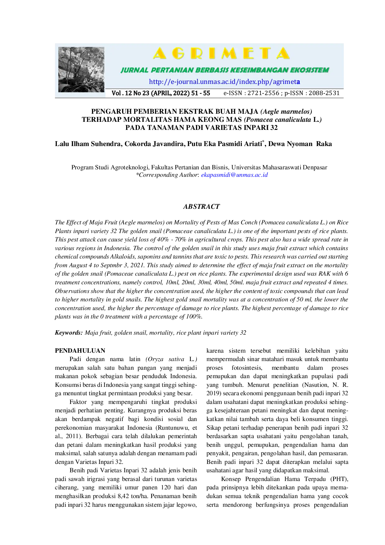 JURIS PENGARUH PEMBERIAN EKSTRAK BUAH MAJA Aegle marmelos TERHADAP MORTALITAS HAMA KEONG MAS Pomacea canaliculata L PADA TANAMAN PADI VARIETAS INPARI 32