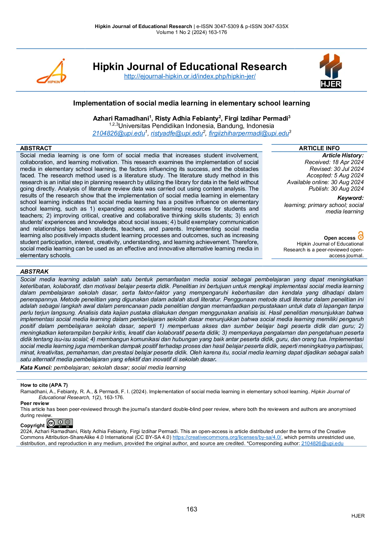 JURIS Implementation of social media learning in elementary school learning