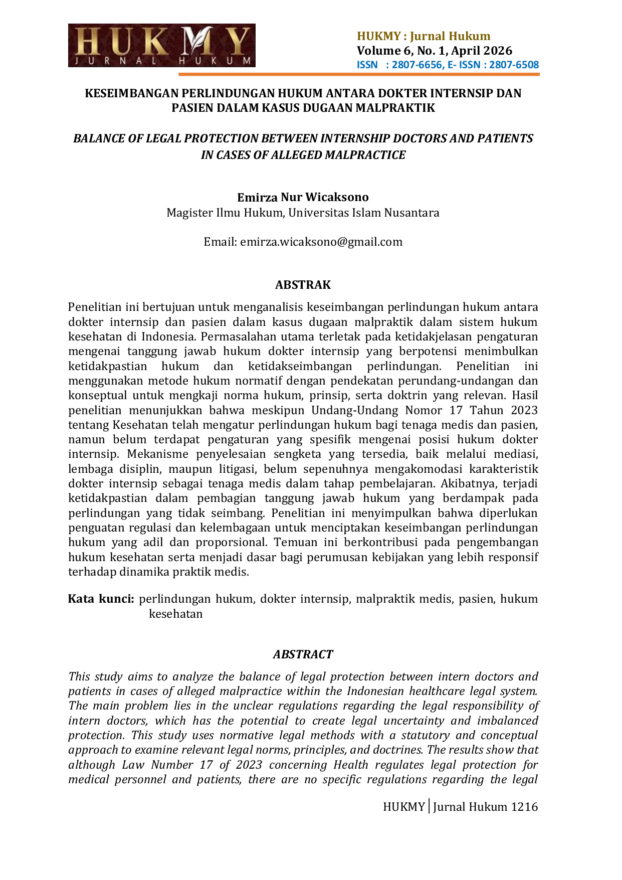 JURIS Keseimbangan Perlindungan Hukum Antara Dokter Internsip Dan Pasien Dalam Kasus Dugaan Malpraktik