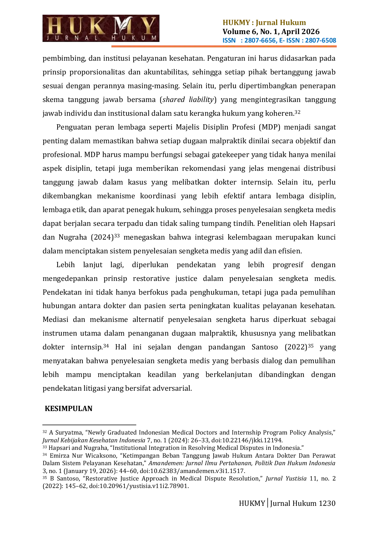 JURIS Keseimbangan Perlindungan Hukum Antara Dokter Internsip Dan Pasien Dalam Kasus Dugaan Malpraktik