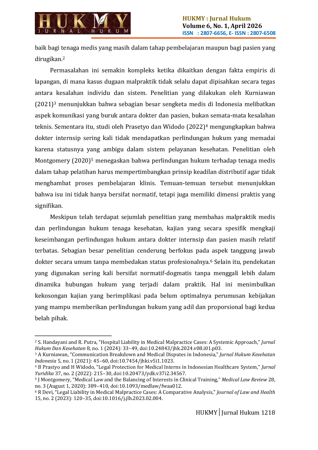 JURIS Keseimbangan Perlindungan Hukum Antara Dokter Internsip Dan Pasien Dalam Kasus Dugaan Malpraktik